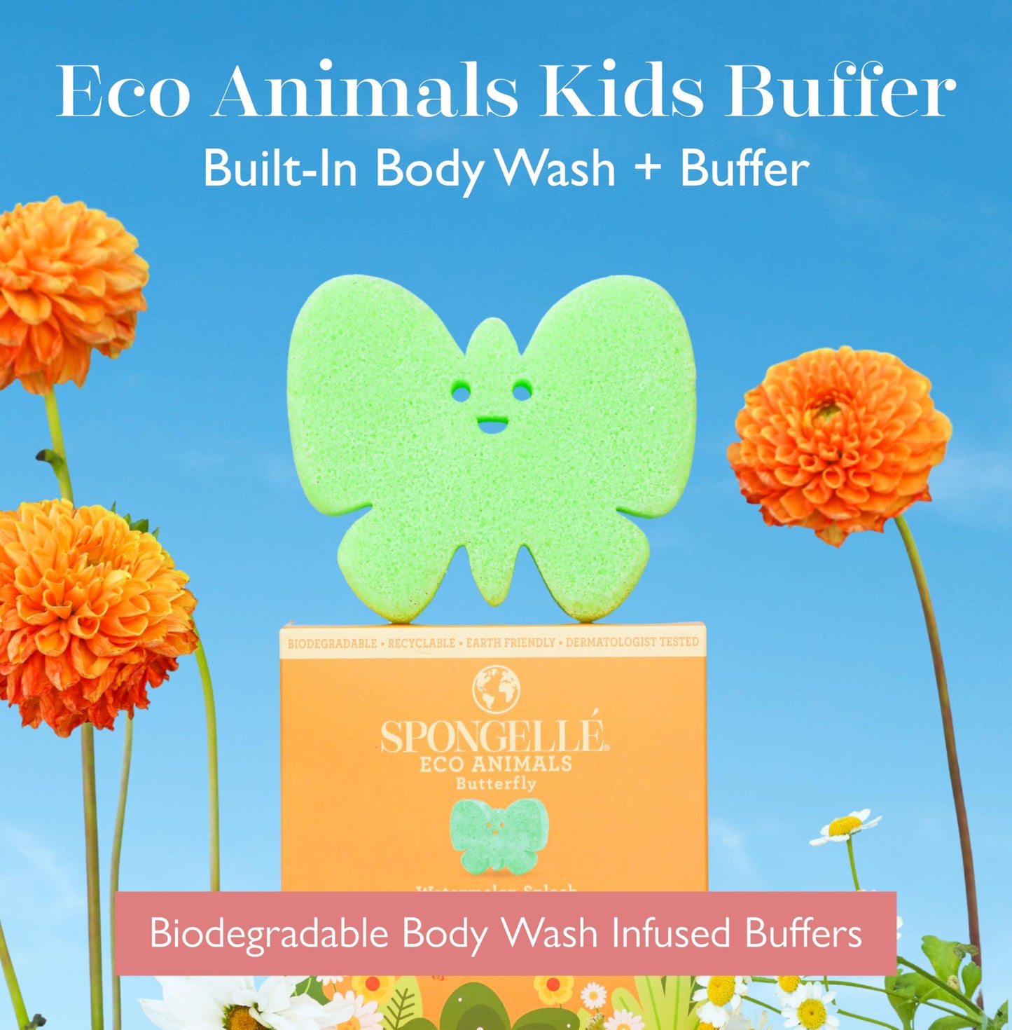 Spongelle Butterfly Eco Collection Animals Kids Buffer Body Scrubber - Bath & Shower Loofah for Kids - Biodegradable, Cruelty-Free, Vegan Beauty and Personal Care SPONGELLÉ