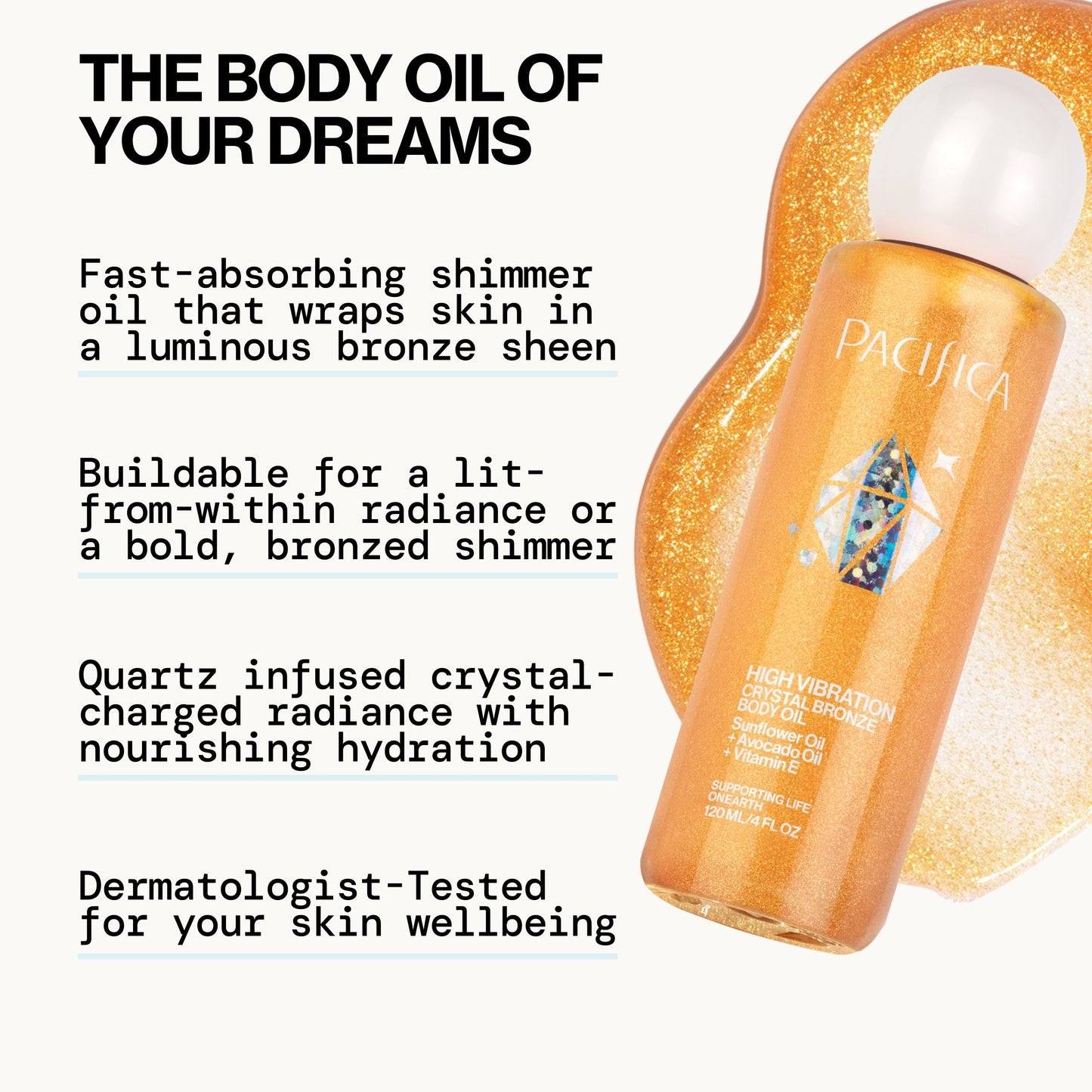 Pacifica Bronzing Body Oil - Crystal Bronze Shimmering Oil for Natural Sun-Kissed Glow, Hydrating Body Illuminator, Vanilla Coconut Scent, Vegan Beauty & Personal Care Pacifica