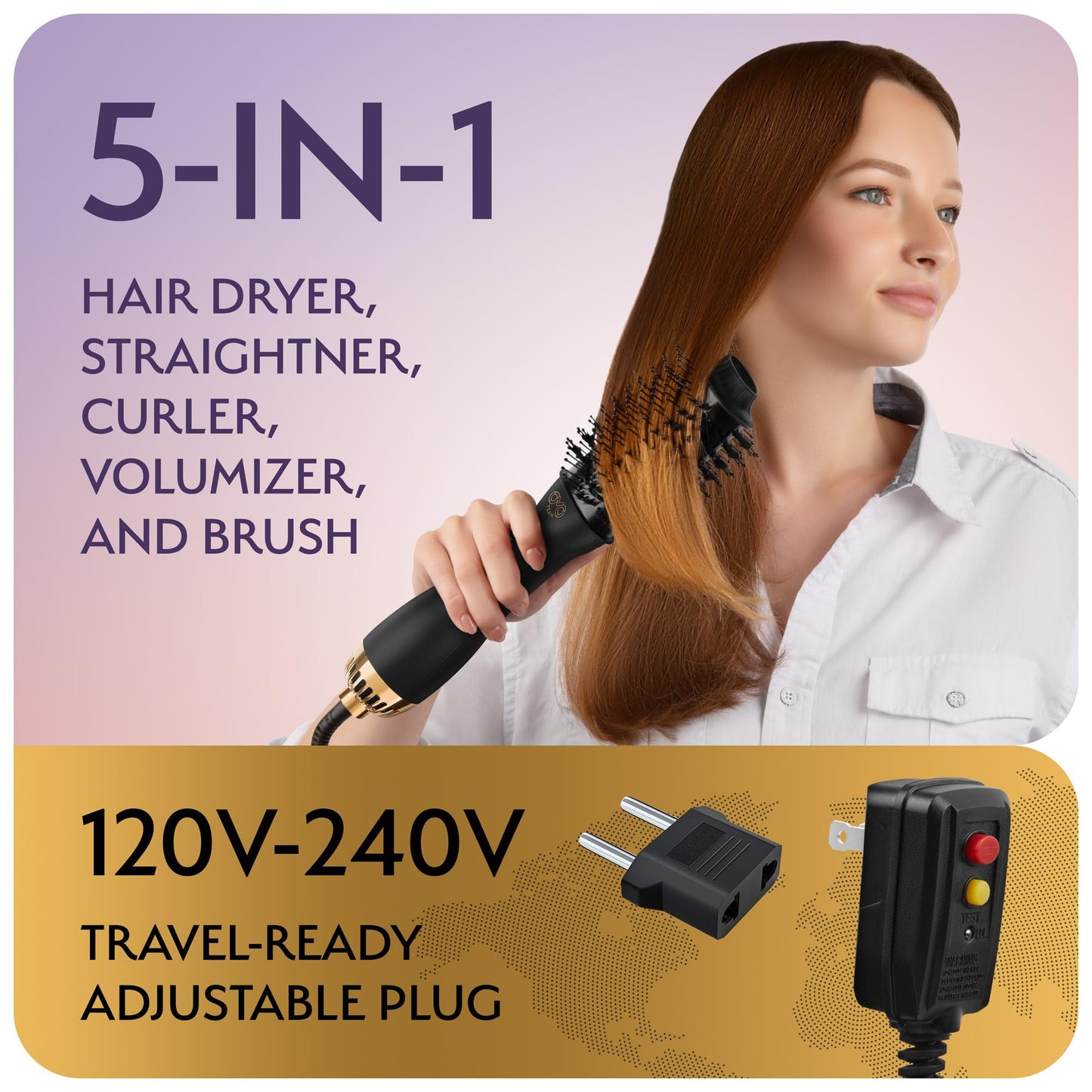 Manual Dual Voltage Blowout Hair Dryer Brush, Professional Hot Air Brush for European Travel 110V-120V/220V-240V, Black Gold Dryer and Volumizer Beauty & Personal Care OMOteam