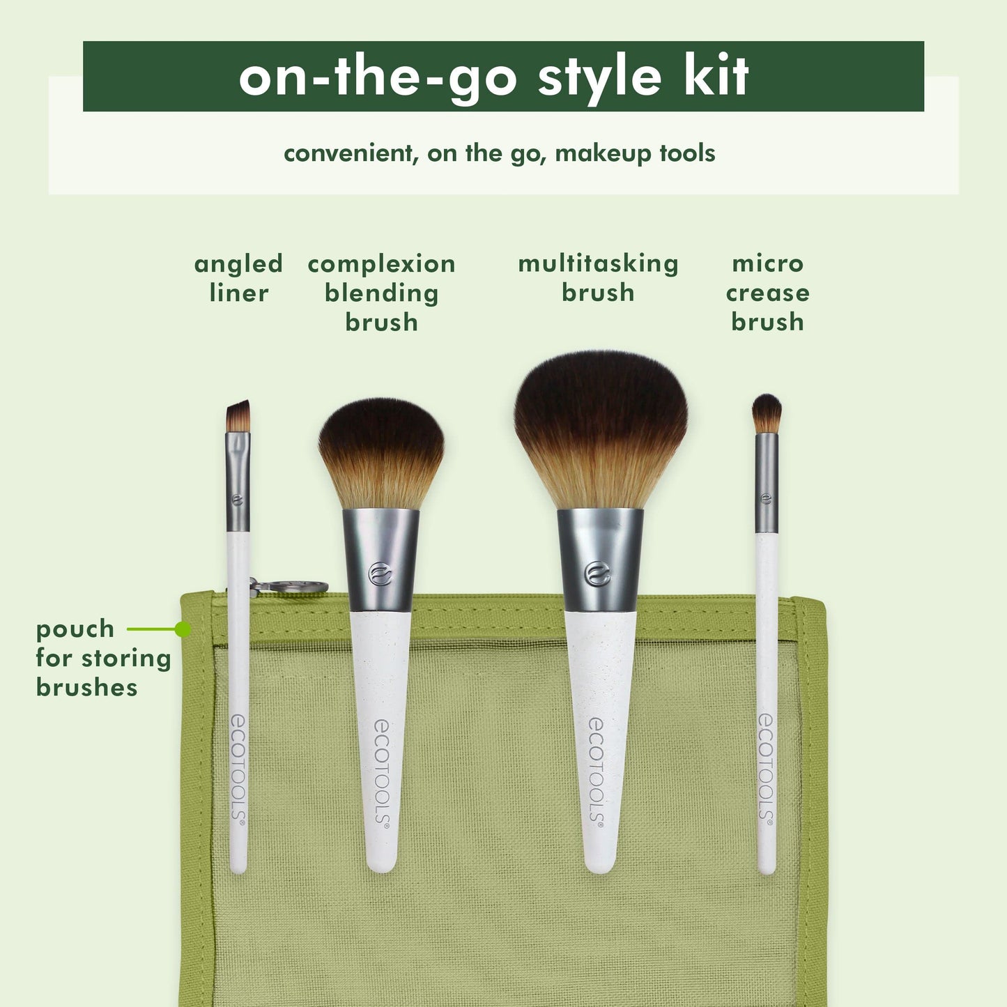EcoTools On-The-Go Makeup Brush Kit, Travel-Friendly Brush Set, Mini-Size Makeup Tools for Powders, Blush, Bronzer, & Eyeshadows, Eco-Friendly Beauty & Personal Care EcoTools