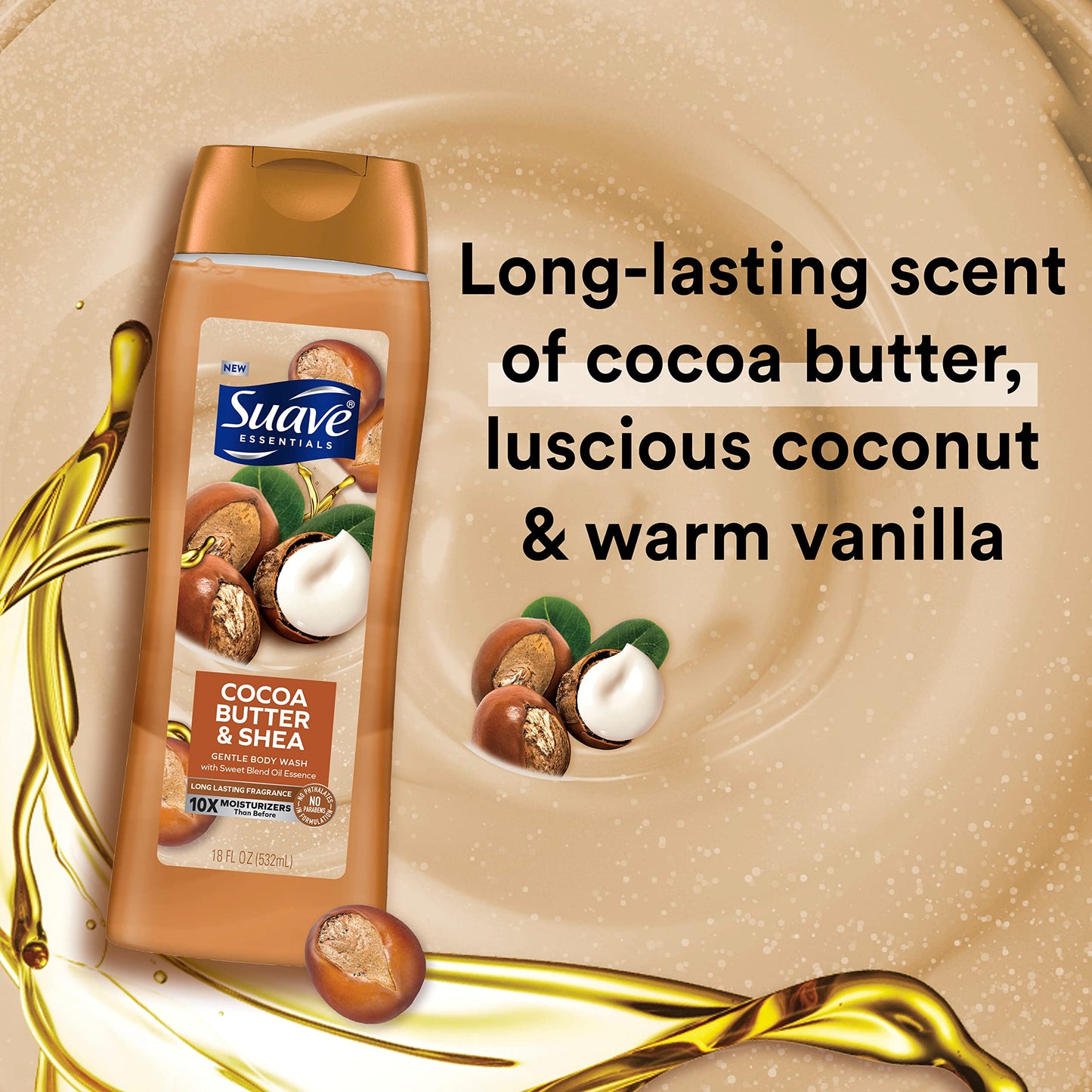 Suave Essentials Gentle Body Wash, Cocoa Butter & Shea With a Sweet Oil Blend Essence, Infused with Vitamin E & Honey Extract 18 oz Beauty & Personal Care Suave