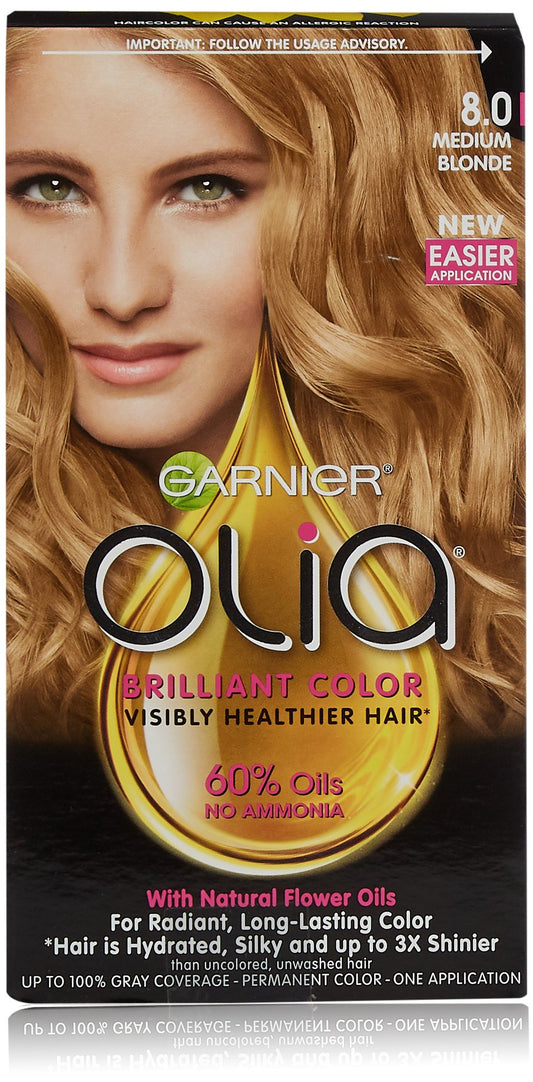 Garnier Olia Ammonia Free Permanent Hair Color, 100% Gray Coverage (Packaging May Vary), 8.0 Medium Blonde, Pack of 1 Beauty & Personal Care Garnier