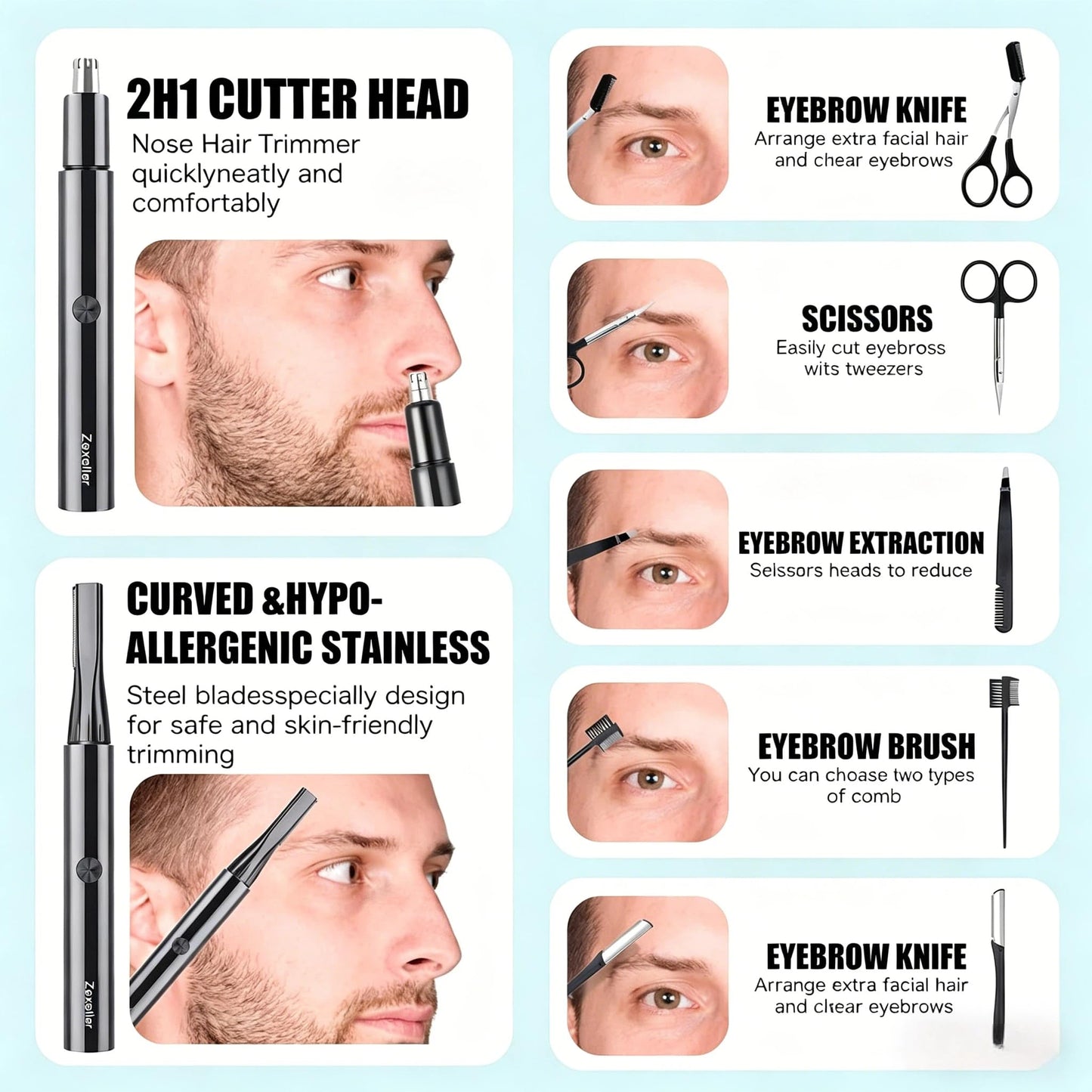 ZEXELLER Electric Nose Hair Trimmer Eyebrow Trimmer for Men Women, 7-in-1 Painless Facial Grooming Kit, USB Rechargeable IPX7 Waterproof Precision Beauty and Personal Care ZEXELLER