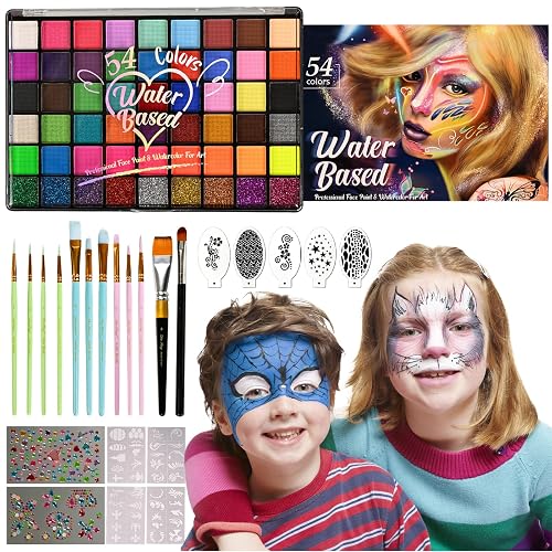 KNLDEFV 54 Color Kids Face Painting Kit, Non Toxic Water Activated Face Paint Palette with Stencils, Brush, Sparkle Gems. Perfect for Birthday Beauty & Personal Care KNLDEFV