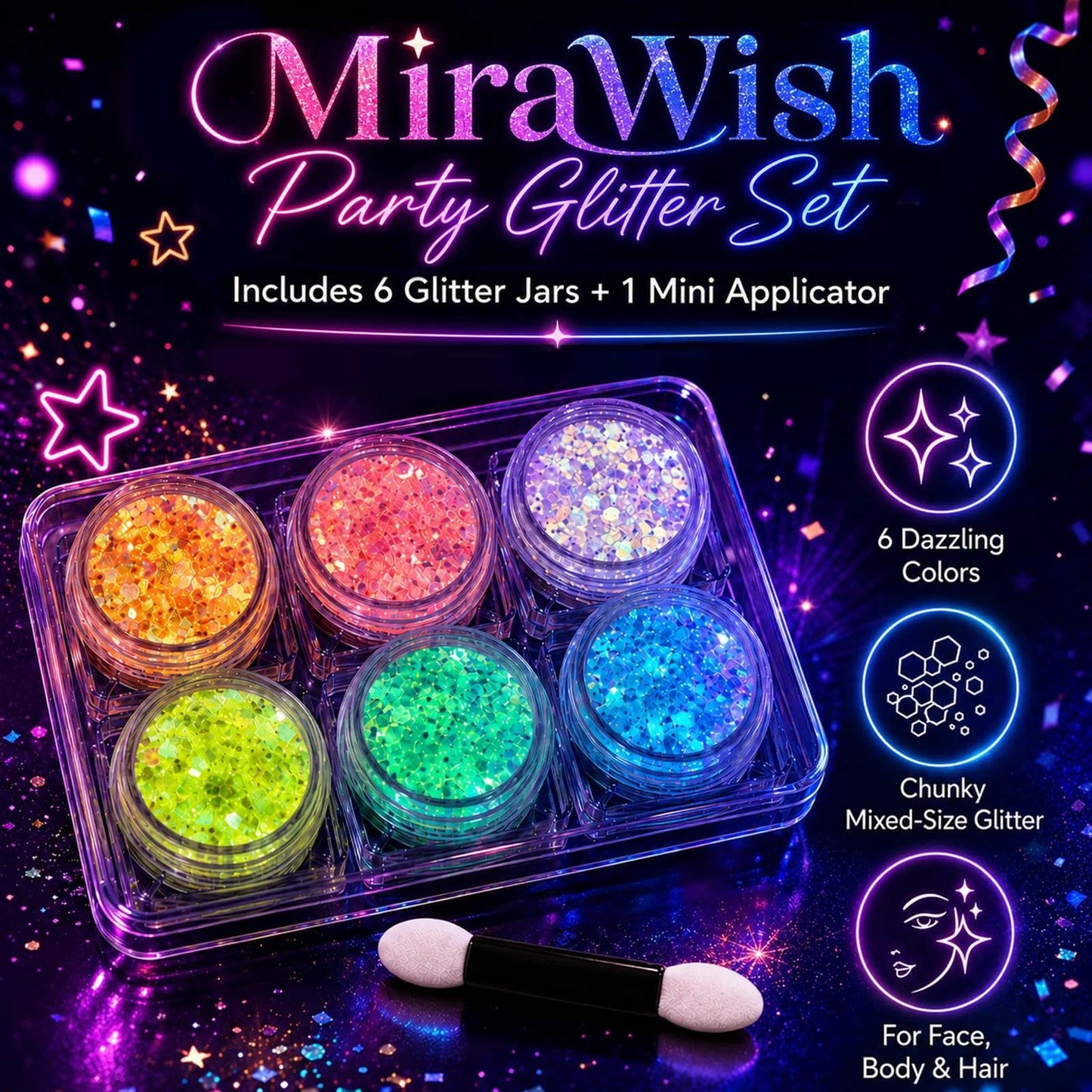 MiraWish 6 Colors Glow in The Dark Glitter Gel, Face & Body Glitter for Women, Neon Black Light Party Makeup, No Glue Needed, Easy Wash Off, Rave Beauty & Personal Care MiraWish