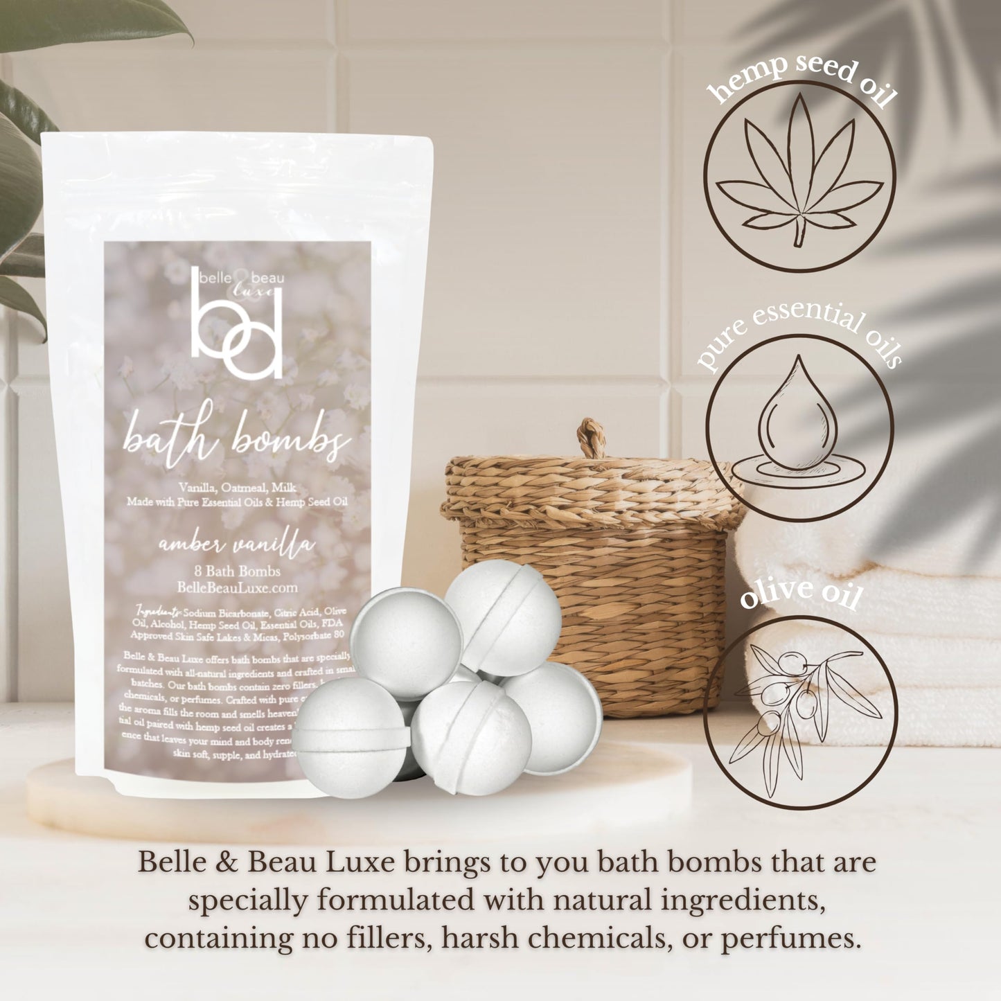 Belle & Beau Luxe Amber Vanilla Hemp Bath Bombs - Made with Organic Hemp Seed Oil and Pure Essential Oils - 8 Count Beauty and Personal Care BB BELLE & BEAU LUXE