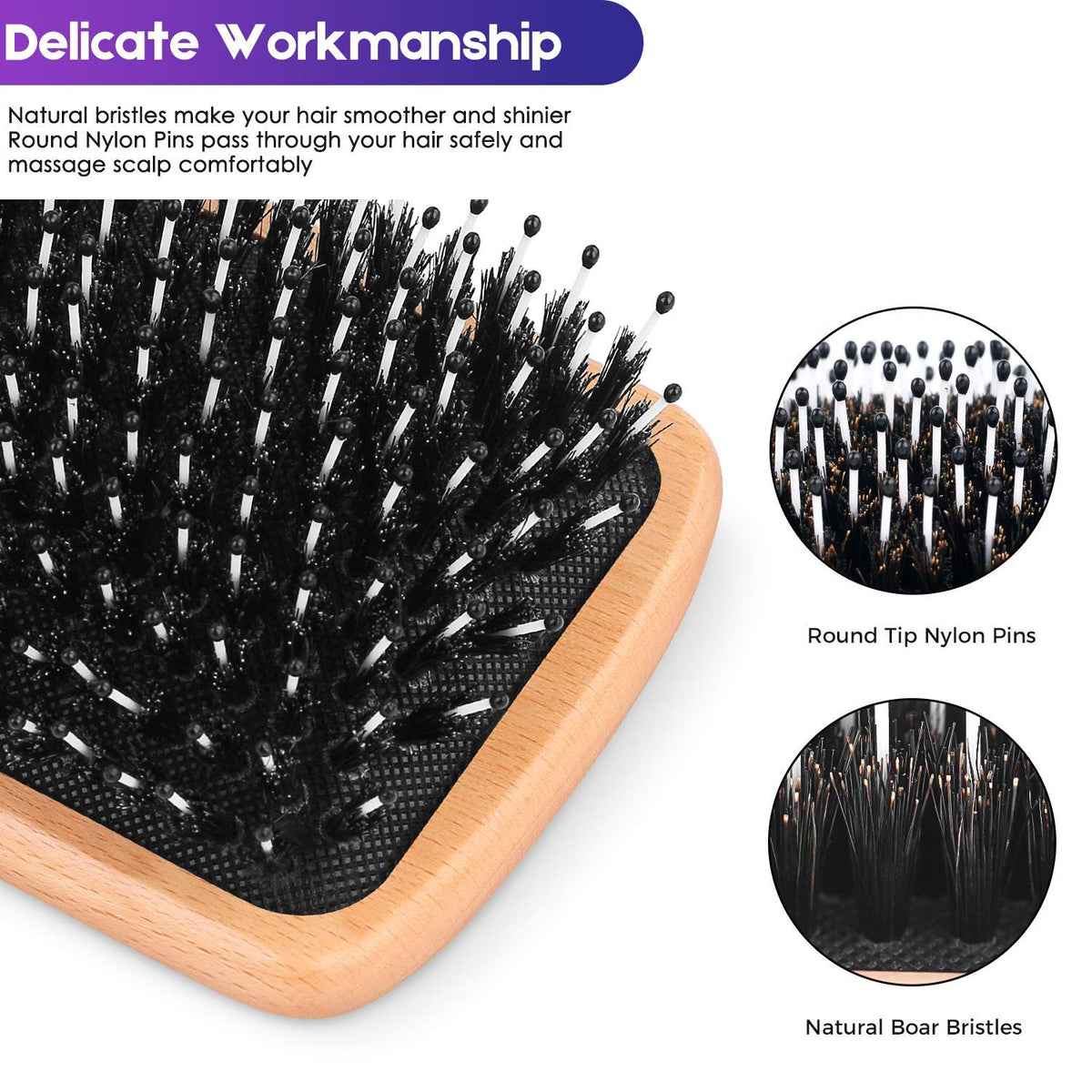 Bsisme Hair Brush-Boar Bristle Hairbrush with Detangling Pins Wooden Paddle Detangler Hairbrush for Women Men Reduce Frizz Dry Restore Natural Shine Beauty & Personal Care Bsisme