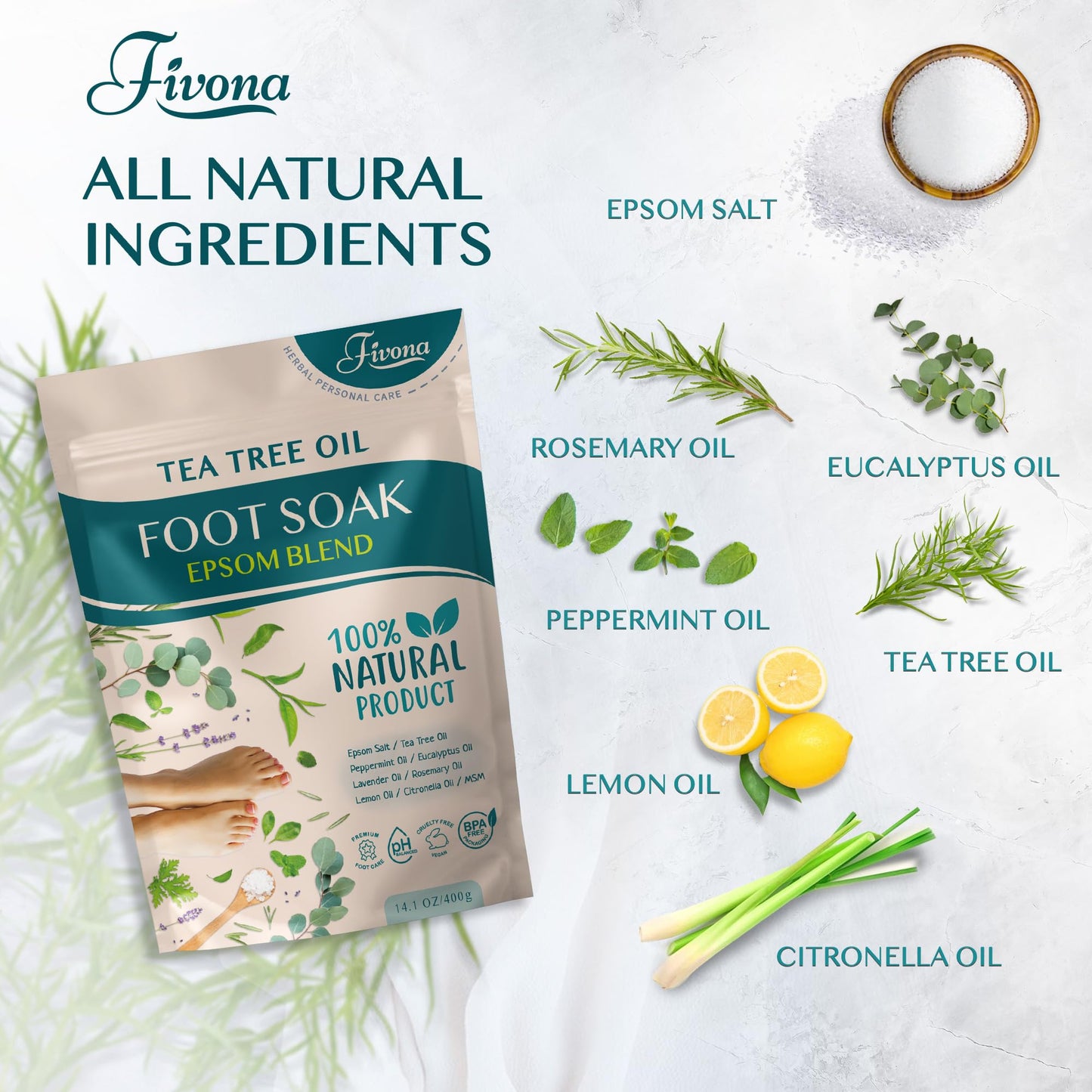 Fivona Tea Tree Foot Soak Blend 14.1 oz - Epsom Salt with Essential Oils for Healthy Toenails, Soothing Relief, Callus Softening - Pedicure Therapy Beauty and Personal Care FIVONA