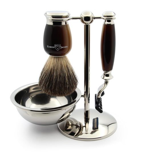 Edwin Jagger S81M582BAMZ Imitation Light Horn & Nickel Classic Shaving Set with Bowl with a Pure Badger Shaving Brush and Mach 3 Razor for Shaving Beauty and Personal Care Edwin Jagger