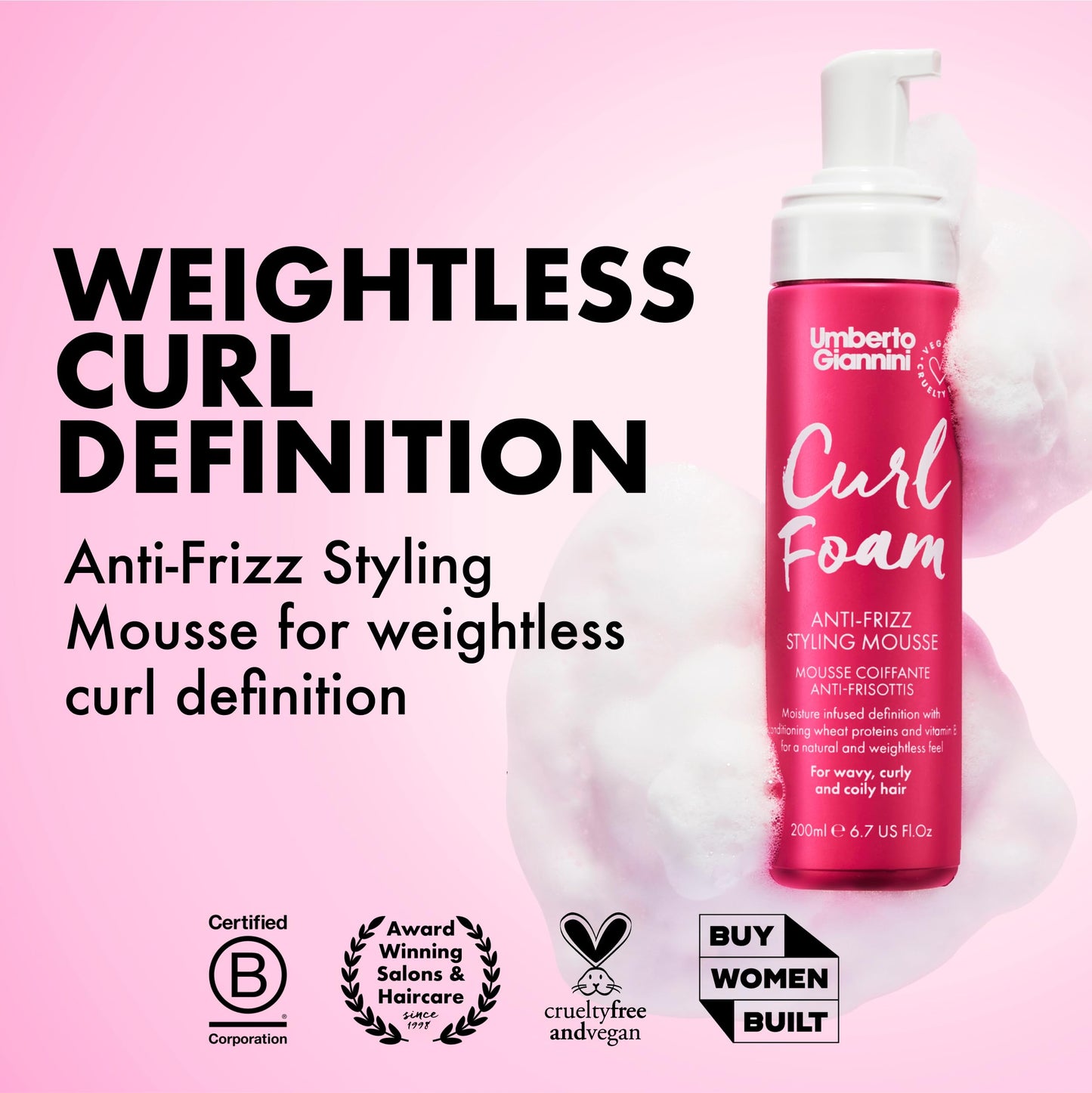 Umberto Giannini Curl Foam 7 fl Oz - Anti-Frizz Hair Styling Curl Mousse for 2a-4c Curly, Wavy & Coily Hair - Vegan & Cruelty-Free Beauty and Personal Care Umberto Giannini