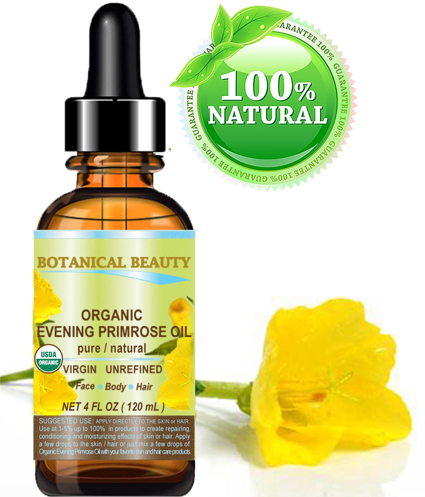 Botanical Beauty Organic EVENING PRIMROSE OIL 100% Pure Natural Undiluted Unrefined Virgin Cold Pressed Carrier Oil for face, skin, hair, nails (4 Fl Beauty & Personal Care Botanical Beauty