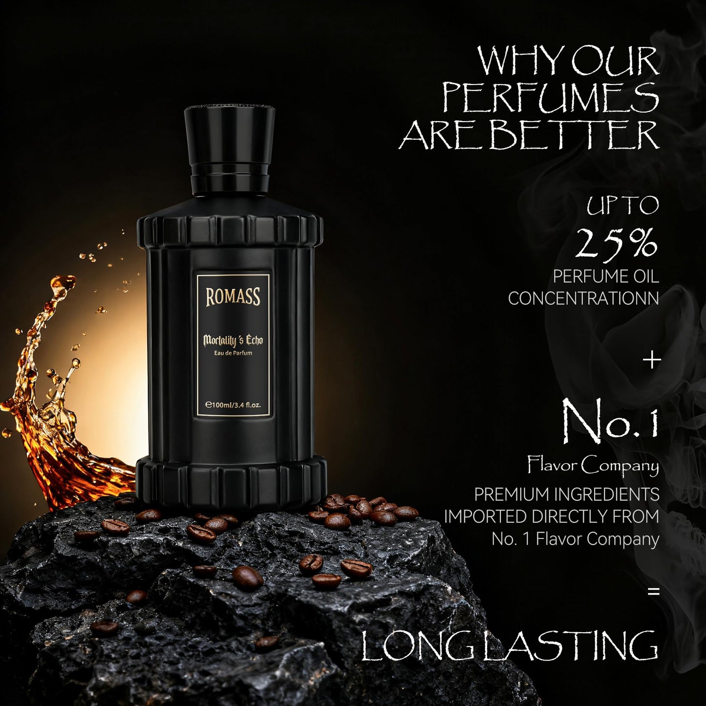 ROMASS Mortality’s Echo Luxe Perfume Unisex 3.4 oz 100 ml Long Lasting 8+ Hours with Rum Coffee Vetiver & Sandalwood Notes in Black Bottle Beauty & Personal Care ROMASS