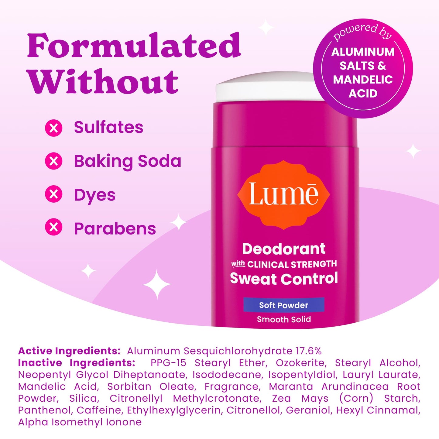 Lume Deodorant Plus Sweat Control - Smooth Solid Stick - Extra Strength Antiperspirant - 72 Hour Odor And Sweat Control - Baking Soda Free, Skin Beauty and Personal Care Lume
