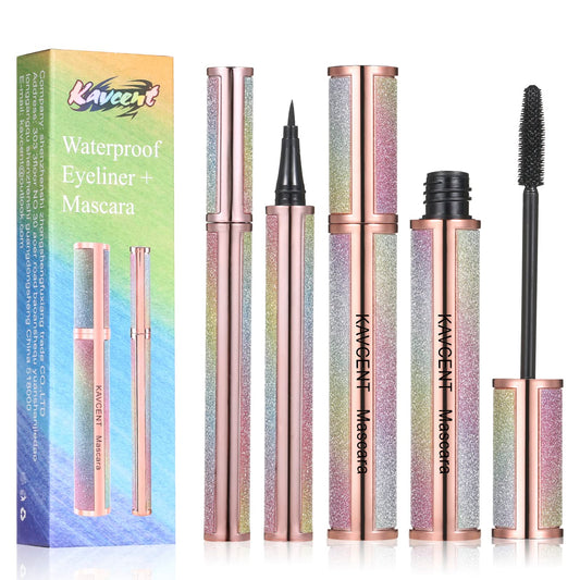 4D Silk Fiber Lash Mascara Liquid Eyeliner Set Waterproof Black Long Lasting Lengthening Thickening Eyelashes Smudge- proof 4D Mascara Beauty & Personal Care KAVCENT