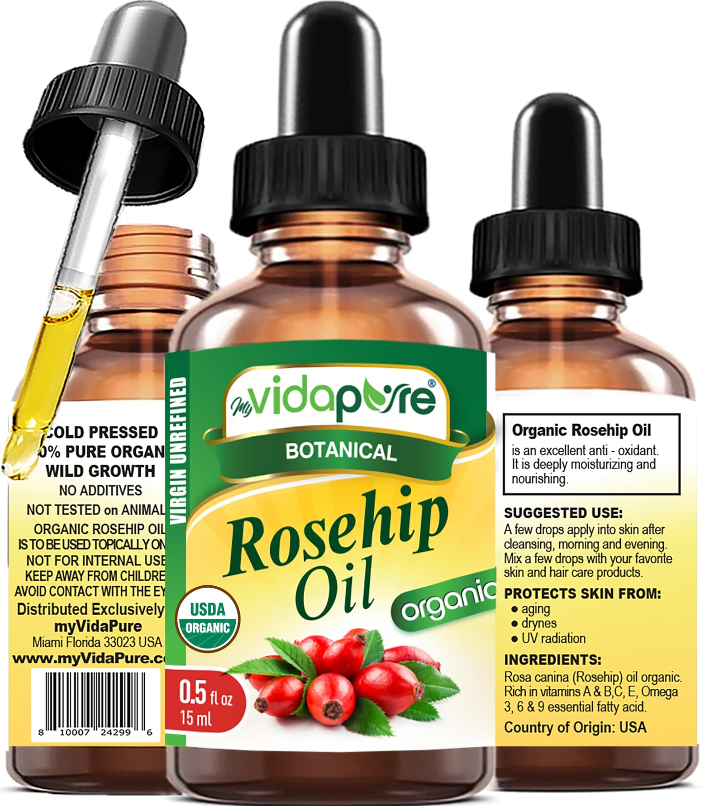 MYVIDAPURE Organic Rosehip Oil Certified Organic Wild Growth RAW Pure Virgin UNREFINED for Face, Body, Hair and Lip Care (0.5 Fl Oz) Beauty & Personal Care MYVIDAPURE