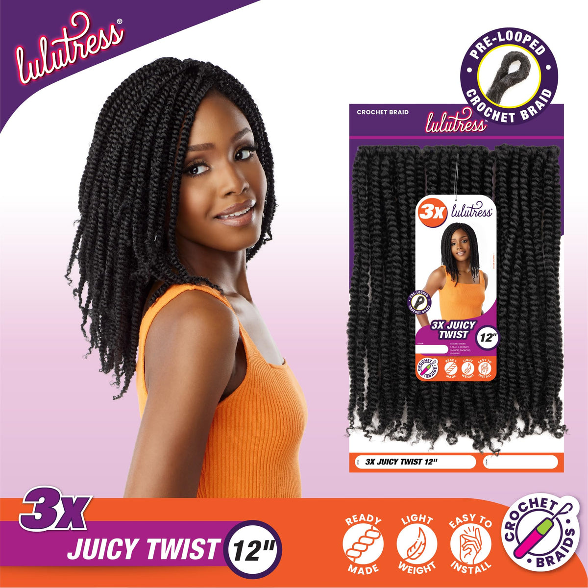 Sensationnel Lulutress Crochet Braids-3X Juicy Twist,12in, 1 JETBLACK