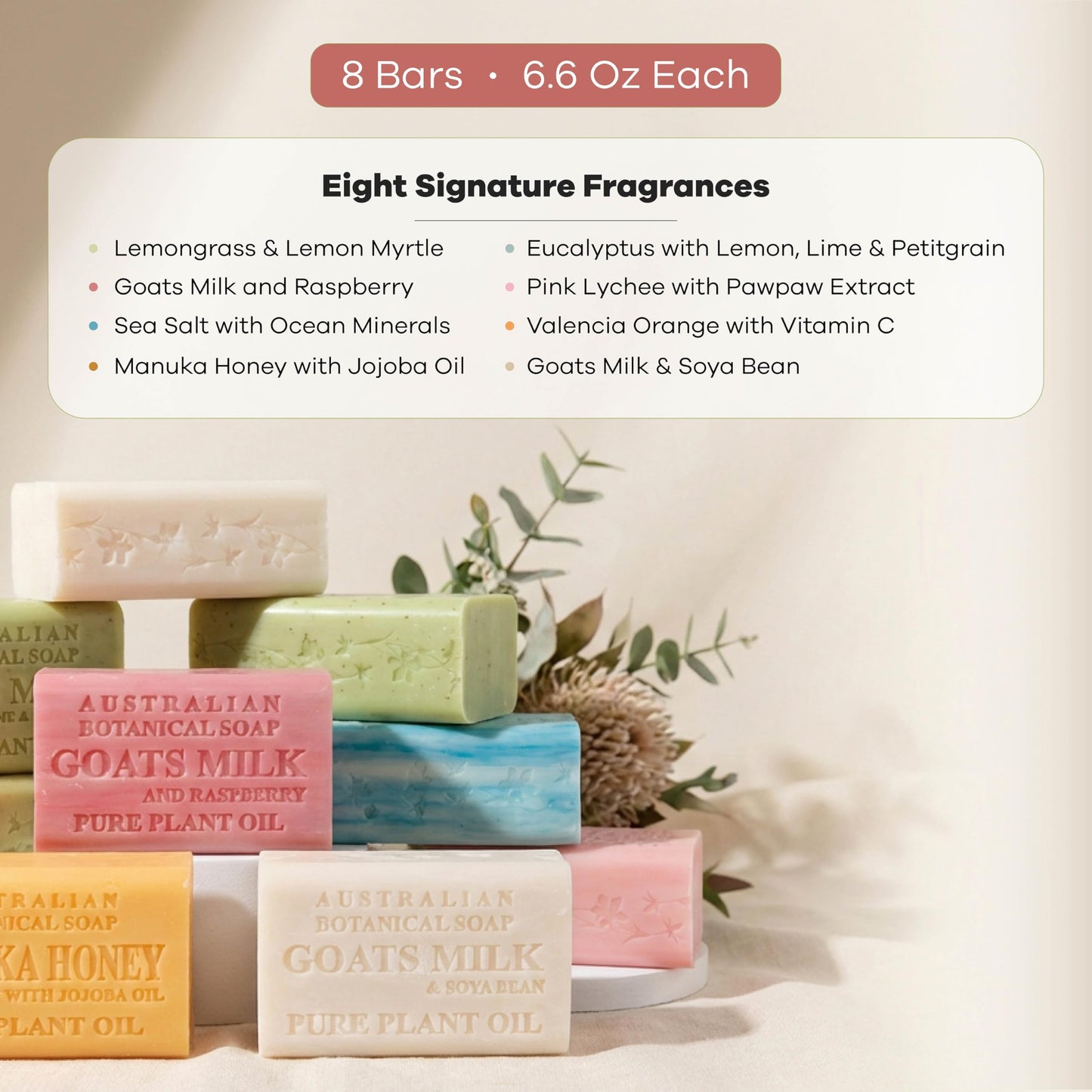 Australian Botanical Soap Variety Pack, 6.6 oz Bars - Goat Milk, Eucalyptus, Manuka Honey, Sea Salt, Pink Lychee, Lemongrass, Raspberry, Valencia Beauty & Personal Care Australian Botanical Soap