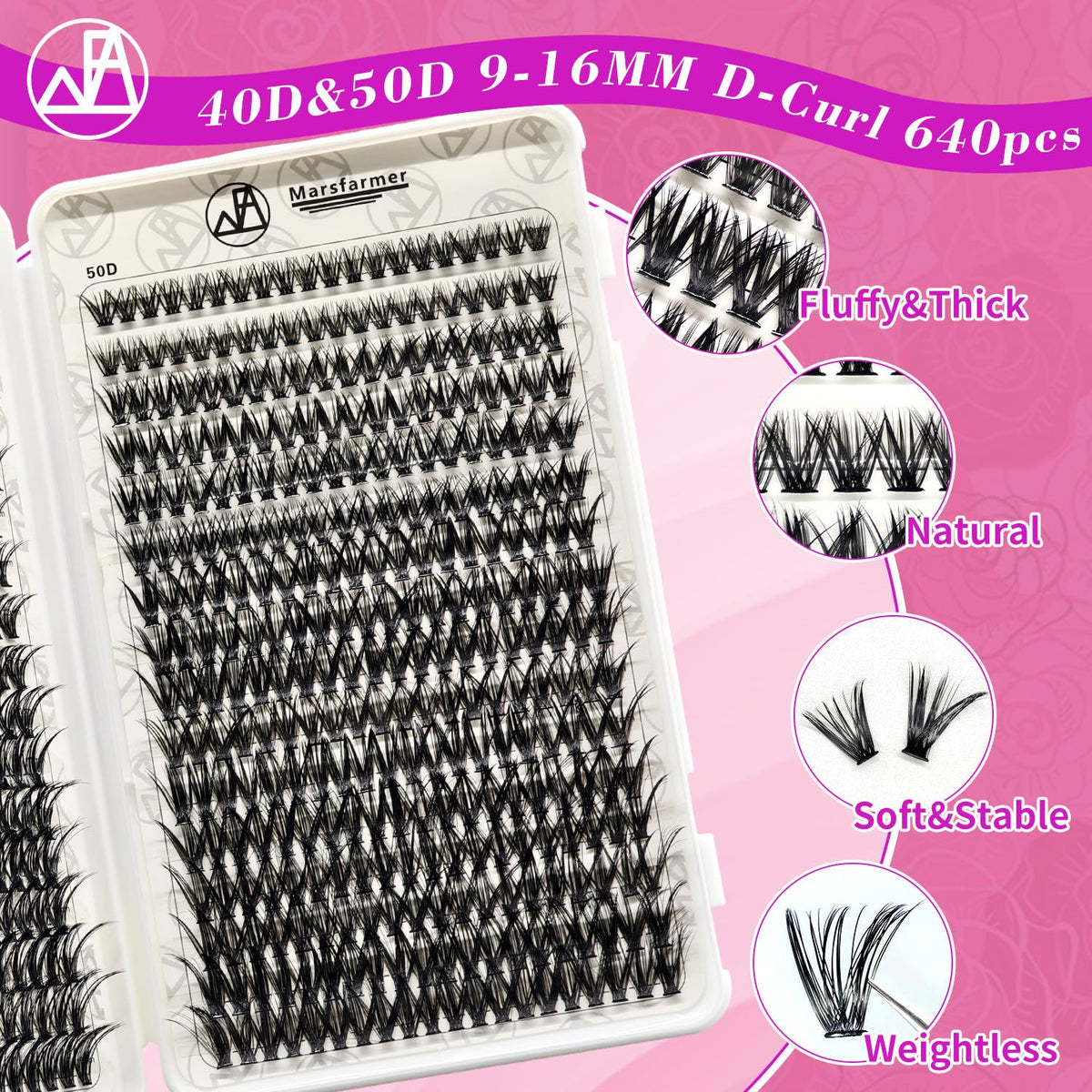 Marsfarmer 640pcs Individual Cluster Lashes Kit - False Eyelashes 9-16mm 40D+50D D Curl with Lash Cluster Applicator Tweezer, Reusable Beauty & Personal Care Marsfarmer