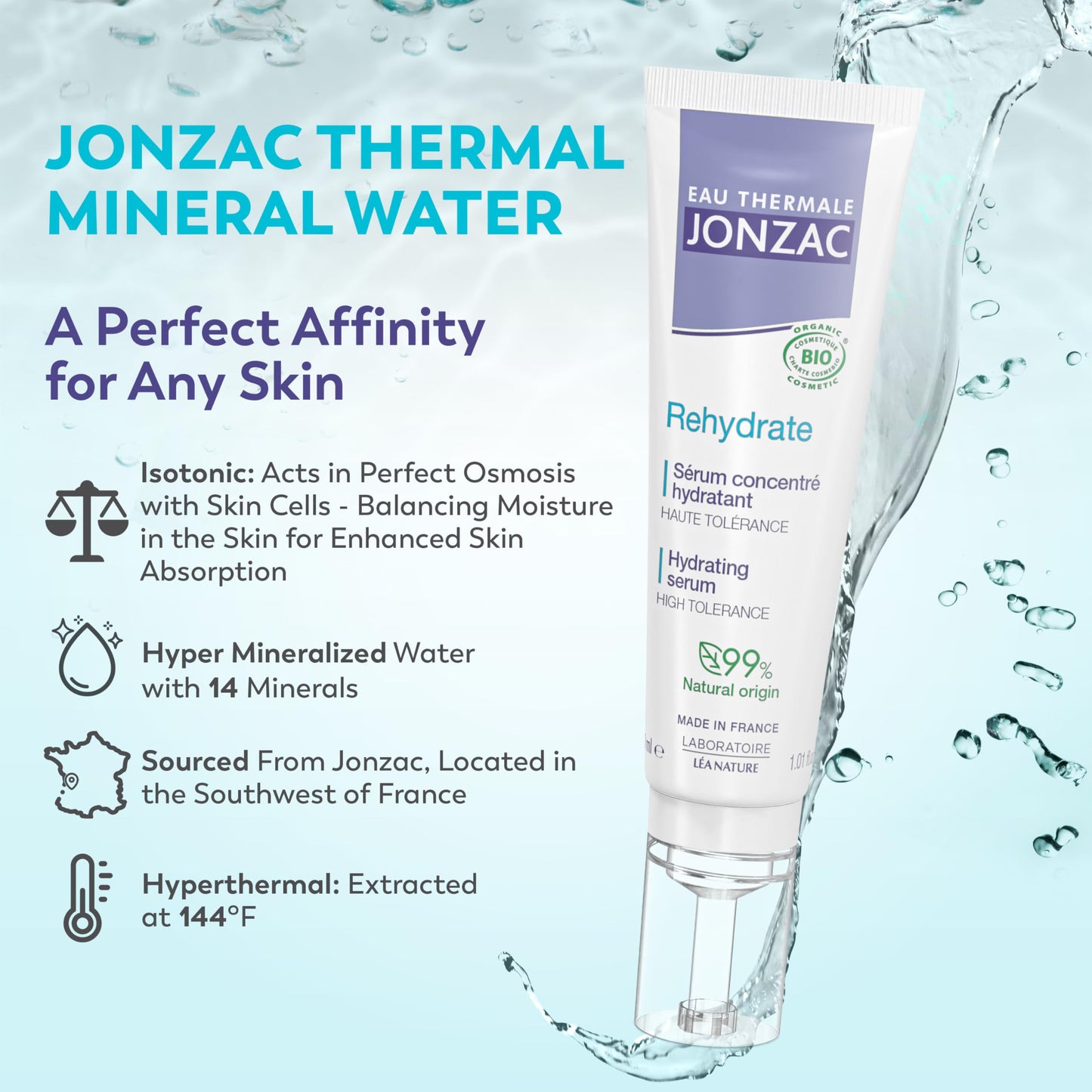 Eau Thermale Jonzac Rehydrate Organic Pure Hyaluronic Acid Hydrating Serum for Face - 24H Hydration - Plump and Repair Dehydrated Skin - Safe Beauty & Personal Care JONZAC
