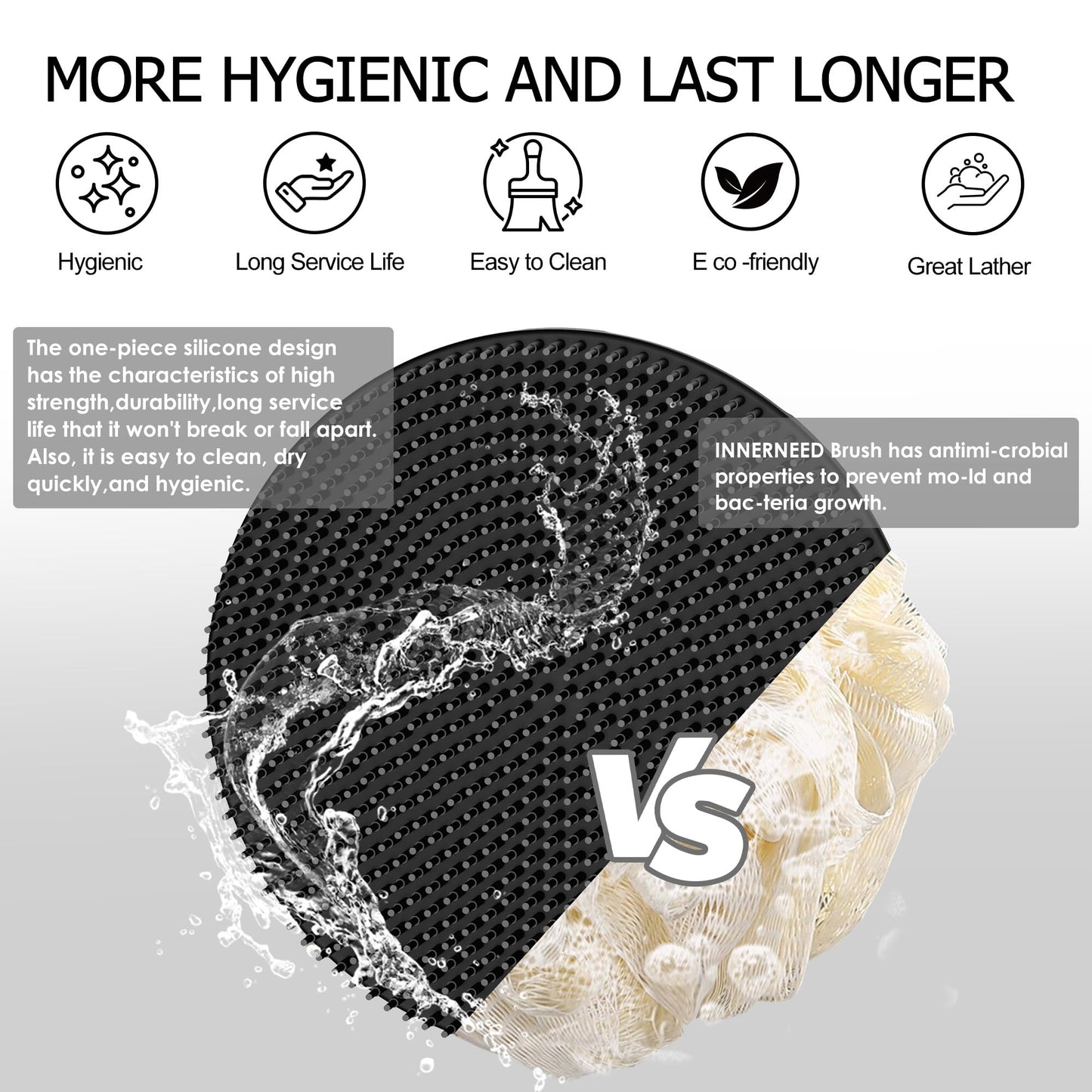 INNERNEED Food-Grade Soft Silicone Body Scrubber Shower Brush Handheld Cleansing Skin Brush, Gentle Exfoliating and Lather Well (Black) Beauty & Personal Care INNERNEED