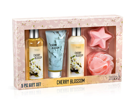 Cherry Blossom Spa Gift Box for Women - Luxury Bath & Body Gift Set with Shower Gel, Body Lotion, Body Scrub, Bath Bomb & Sponge - Self Care Gifts Beauty and Personal Care Freida and Joe