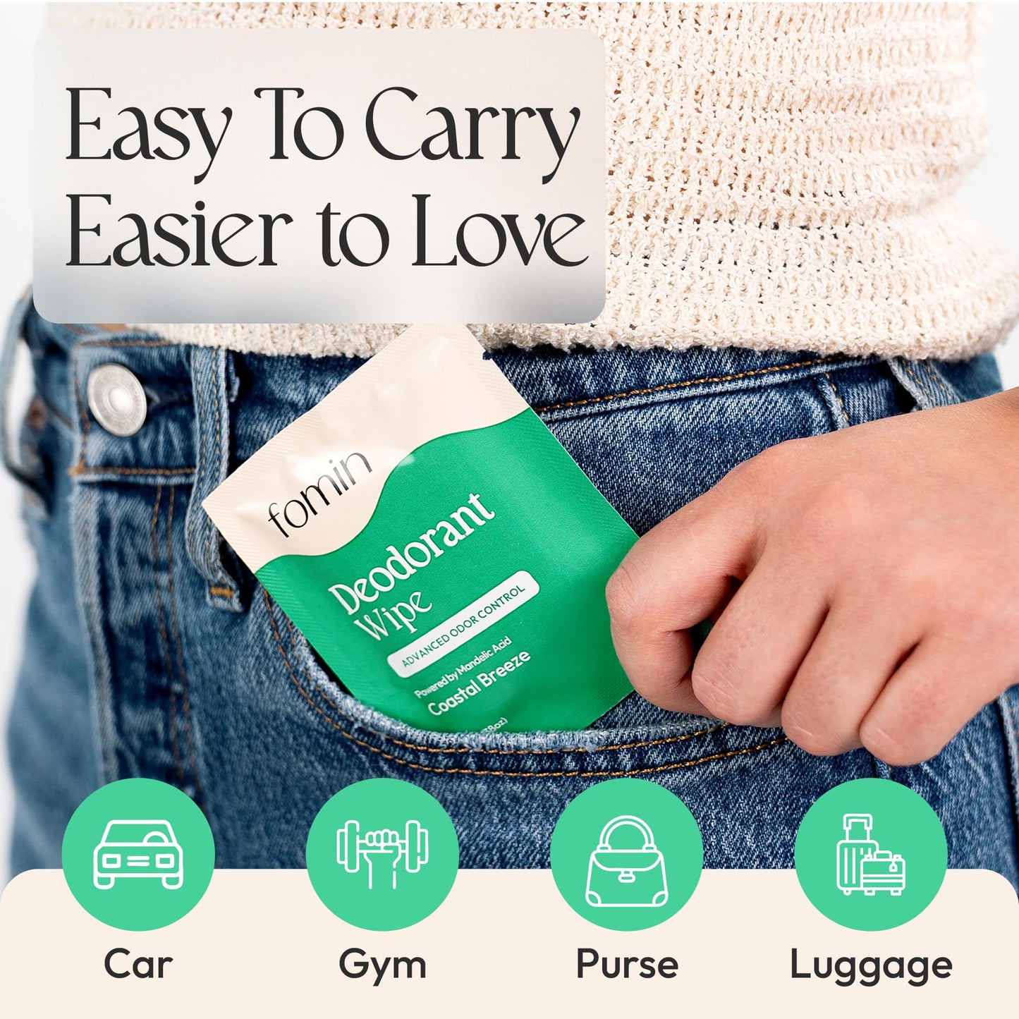 FOMIN Acidified Travel Deodorant Wipes For Women & Men - 15 Count - Coastal Breeze - pH Balanced, Mini Deodorant Travel Size Wipe - Plastic-Free Beauty and Personal Care FOMIN