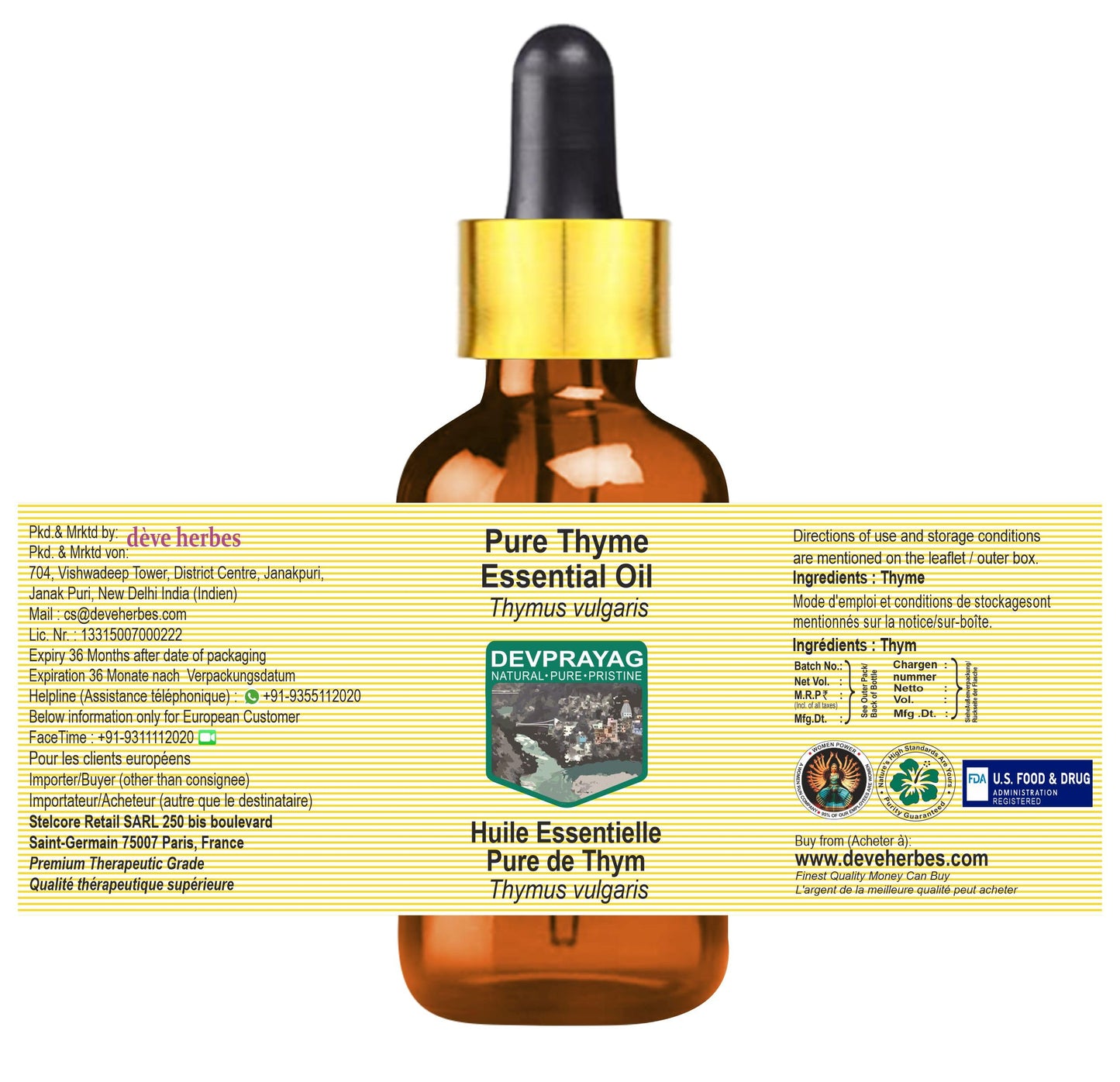 Devprayag Thyme Essential Oil (Thymus vulgaris) with Glass Dropper - Pure - Non-Sticky - Non-Greasy - Lightweight - Men & Women - All Skin Types Beauty and Personal Care DEVPRAYAG