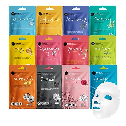 celavi Face Mask Set Korean Beauty Essence Facial Paper Sheet Mask Korea Skin Care Moisturizing 4 Packs of each 12 New flavors K-Beauty Skincare 48 Beauty & Personal Care Celavi Cosmetics