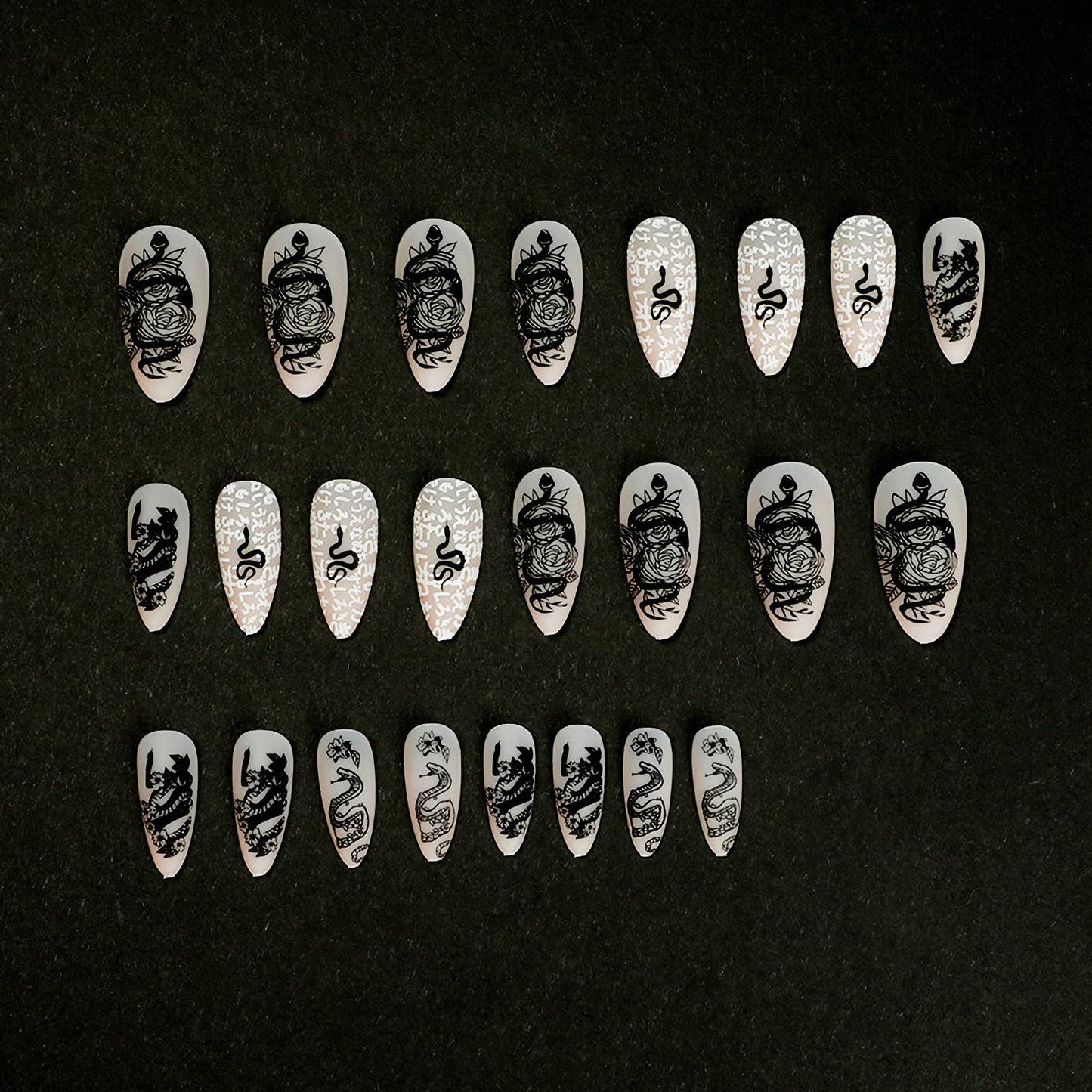 IMSOHOT Almond Press on Nails Medium Matte Nude Fake Nails Full Cover Acrylic False Nails with Black Rose Snake Designs Glue on Nails 24pcs Beauty & Personal Care IMSOHOT