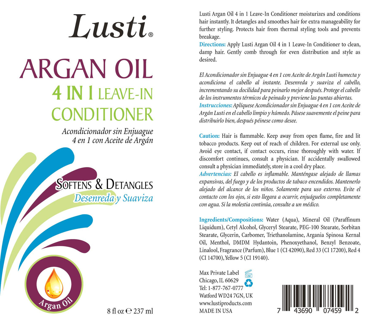 Lusti Argan Oil 4 In 1 Leave-In Conditioner, 8 fl oz - Moisturize & Condition Instantly - Prevent Breakage