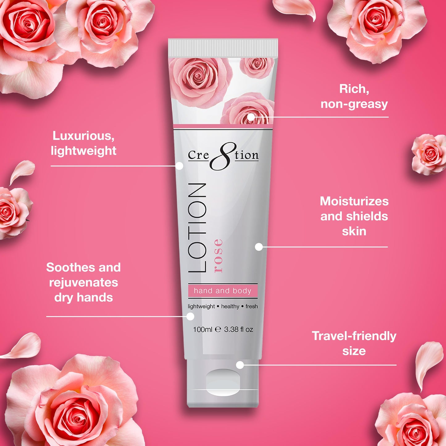 Cre8tion Spa Rose Hand & Body Lotion, Luxurious Lightweight Moisturizer for Silky, Smooth Skin, 3.3 Fl Oz Beauty & Personal Care Cre8tion