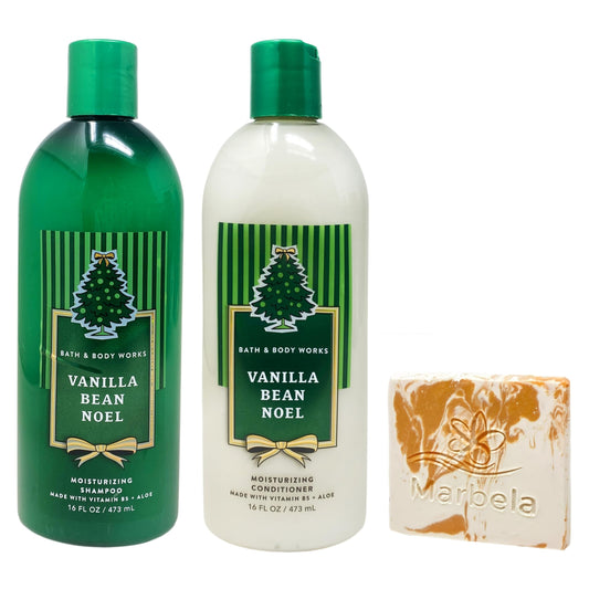 Bath & Body Works Vanilla Bean Noel Moisturizing Shampoo & Conditioner with a Peach Gardenia Sample Soap Beauty & Personal Care Bath & Body Works