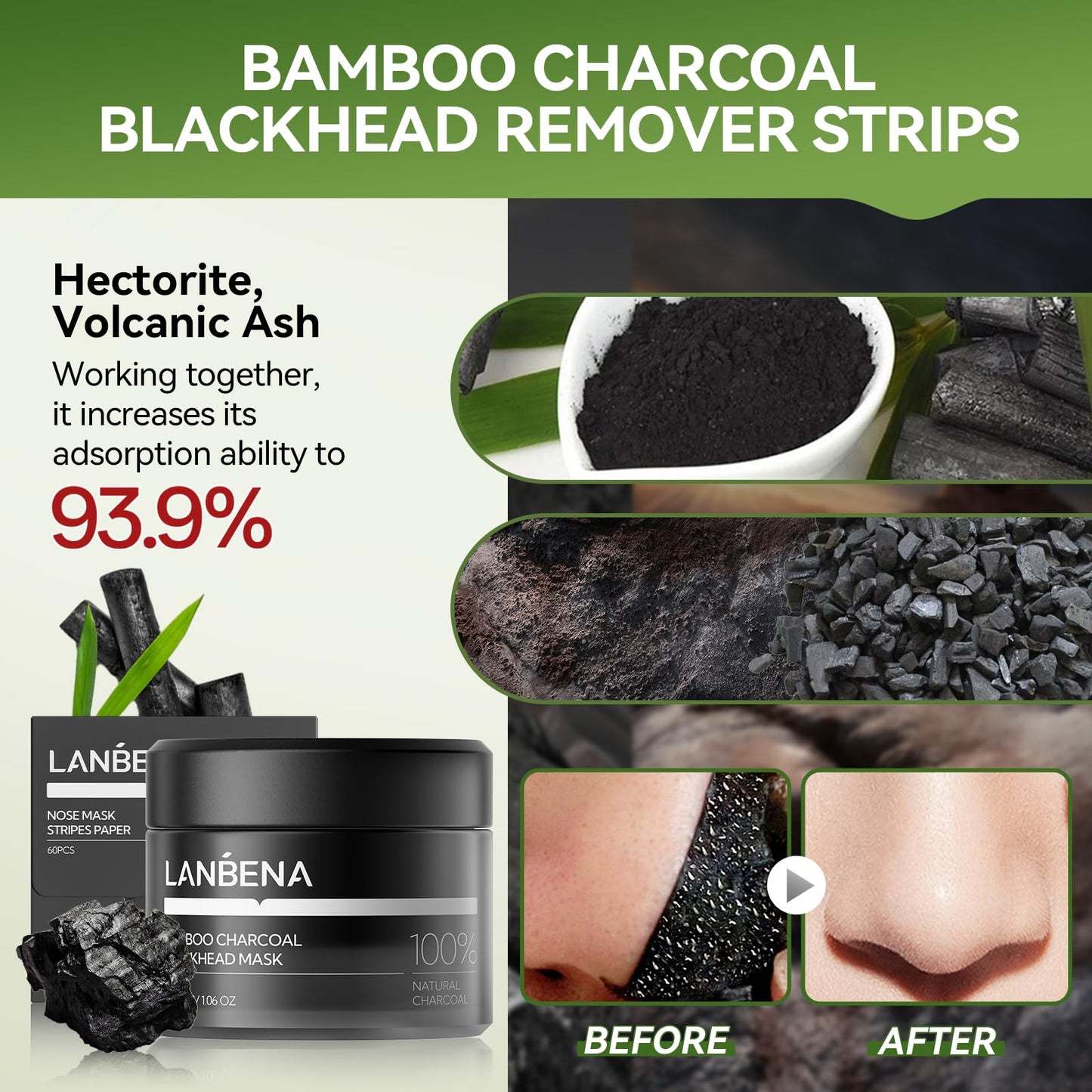 LANBENA Upgraded 2.0 Bamboo Charcoal Blackhead Remover Mask - 60 Nose Strips, Peel off & Purify Pores, Deep Cleanse for All Skin Types Beauty and Personal Care LANBENA
