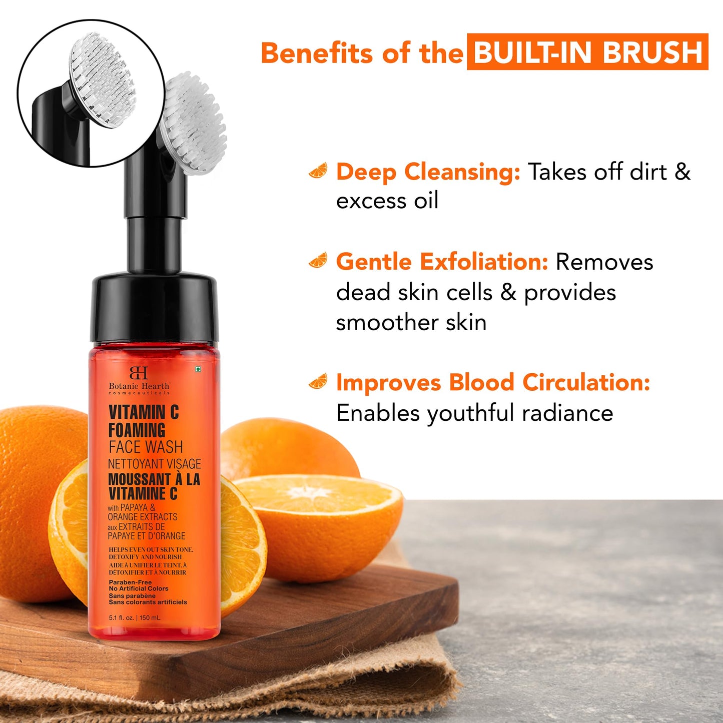 Botanic Hearth Vitamin C Foaming Face Wash With Papaya & Orange | Extracts Built|In Silicone Brush | For Cleansing & Glowing Skin | Paraben & Sulphate Beauty & Personal Care Botanic Hearth
