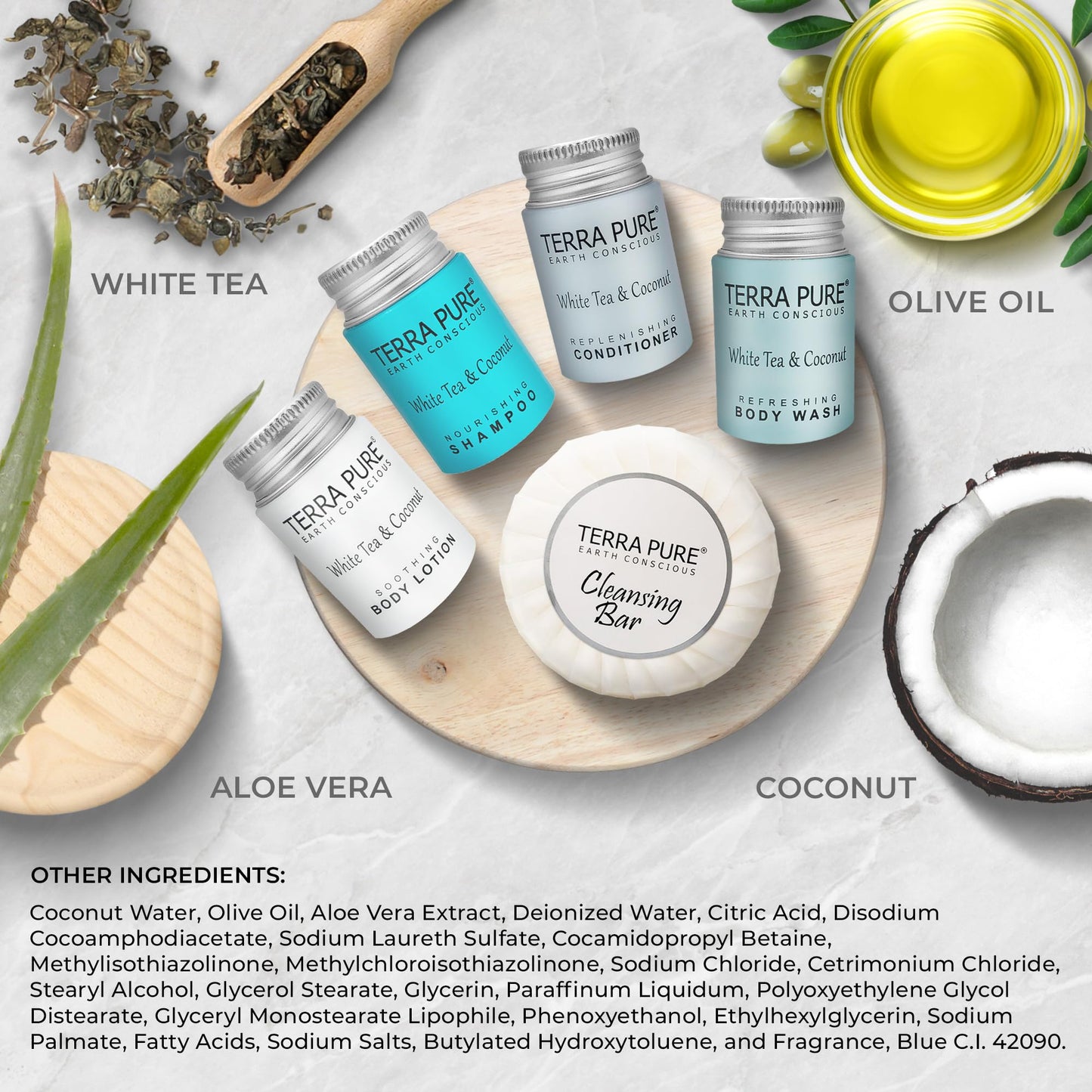 Terra Pure White Tea & Coconut Toiletries Set | 1-Shoppe Amenities Kit | 1oz Shampoo & Conditioner, Body Wash, Lotion, 1.25oz Bar Soap | Travel Size | Beauty & Personal Care Terra Pure
