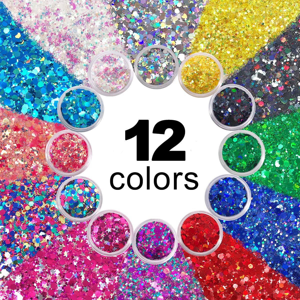 12 Pack - Multi-Colored Face & Body Glitter - Glue Included - Rainbow Chunky Glitter - Uses Include: Festival Rave Makeup Face Body Nails Resin Arts Beauty & Personal Care Electric Bliss Beauty