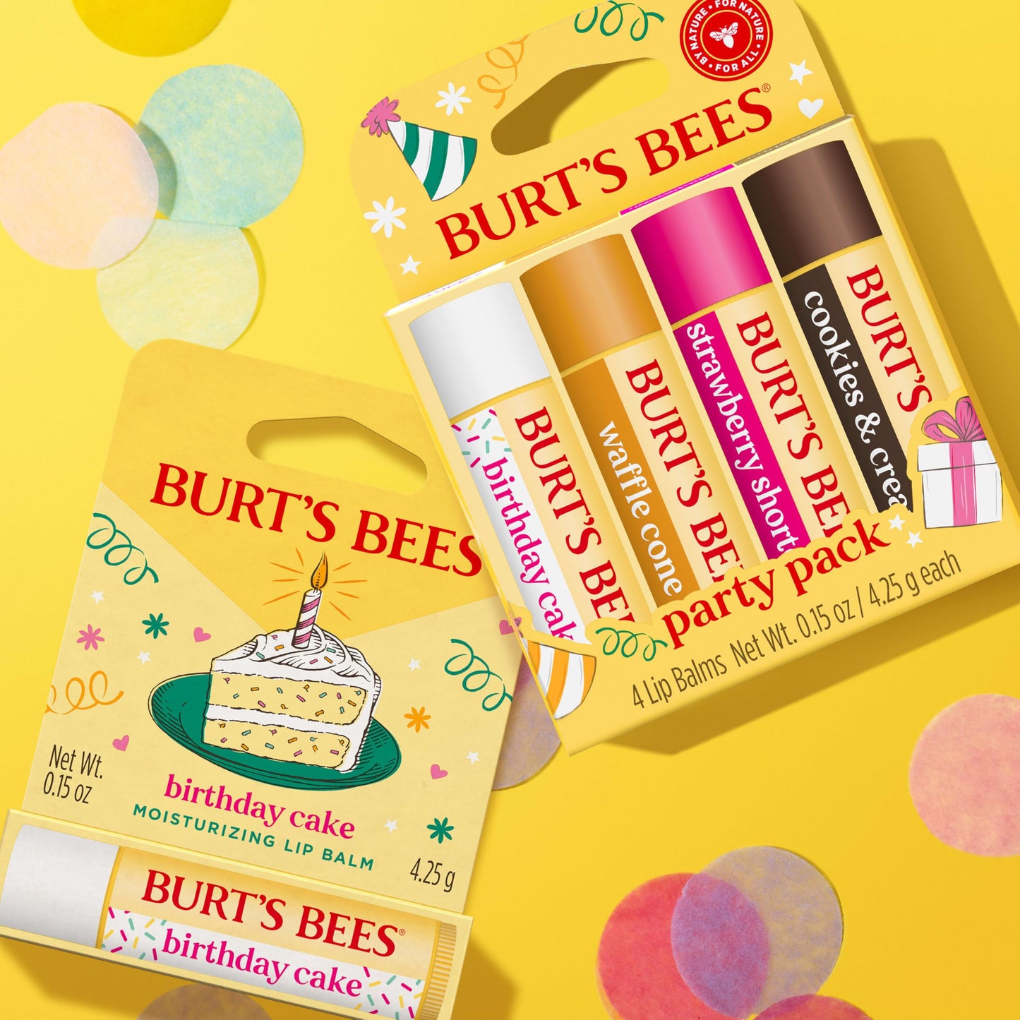 Burt's Bees Lip Balm Party Pack - Birthday Cake, Waffle Cone, Strawberry Shortcake, and Cookies & Cream, All Day Moisturizer, Tint-Free, Natural Beauty & Personal Care Burt's Bees