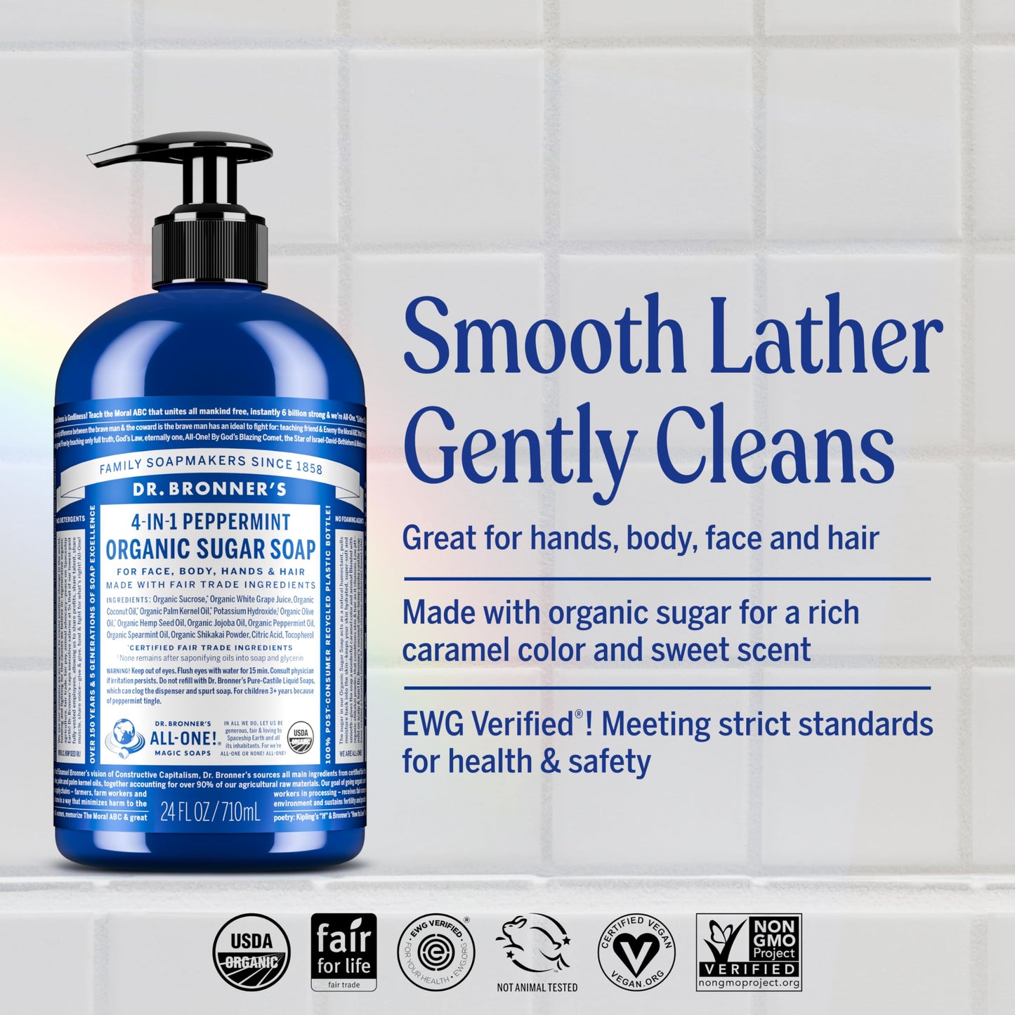 Dr. Bronner's - Organic Sugar Soap (Peppermint, 12 oz) - Made with Organic Oils, Sugar & Shikakai Powder, 4-in-1 Uses: Hands, Body, Face & Hair Beauty & Personal Care Dr. Bronner's