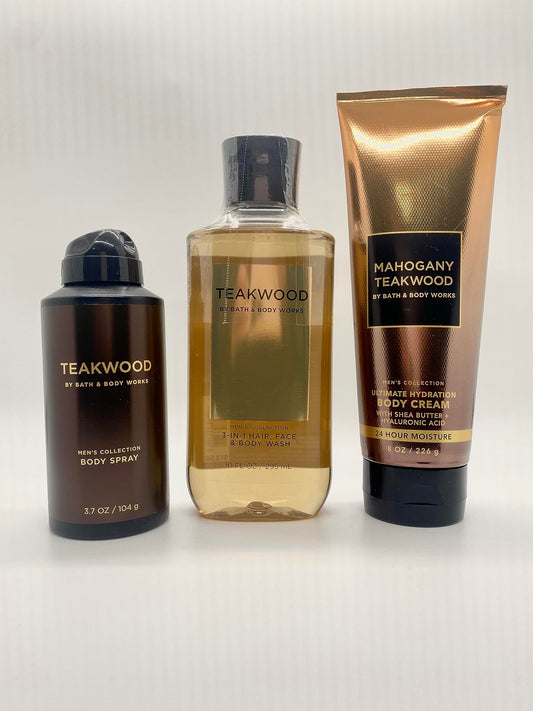 Bath and Body Works Teakwood - Three Piece Men's Collection 8 oz Body Cream, 3.7 oz Deodorizing Body Spray, 10 oz 2-IN-1 Hair and Body Wash Beauty & Personal Care Bath & Body Works