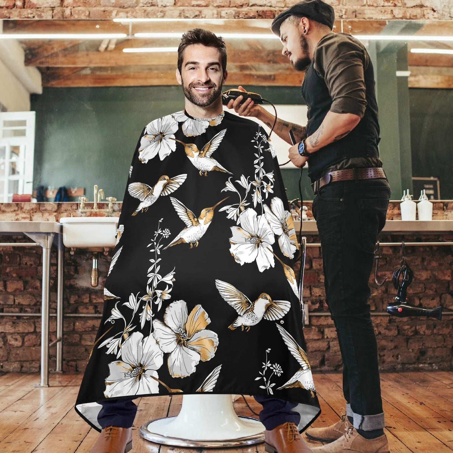 visesunny Barber Cape Exotic Tropical Hibiscus Flower And Hummingbird Gold Silver Pattern Polyester Hair Cutting Salon Cape Apron Anti-Static Haircut Beauty and Personal Care visesunny