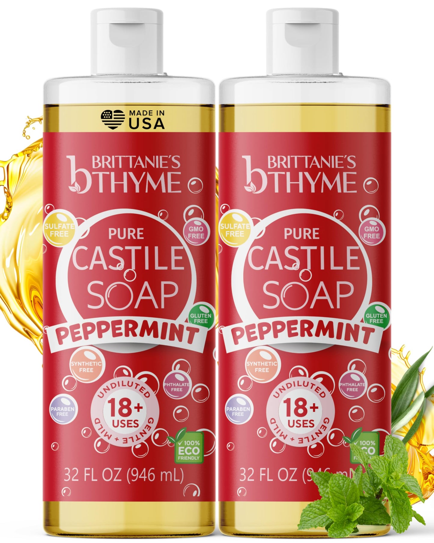 Brittanie's Thyme Pure Castile Liquid Soap Refill (Peppermint, 32 oz Pack of 2) | For Hair & Body, Gentle and Pure, Made with Natural Luxurious Oils Beauty & Personal Care Brittanie's Thyme