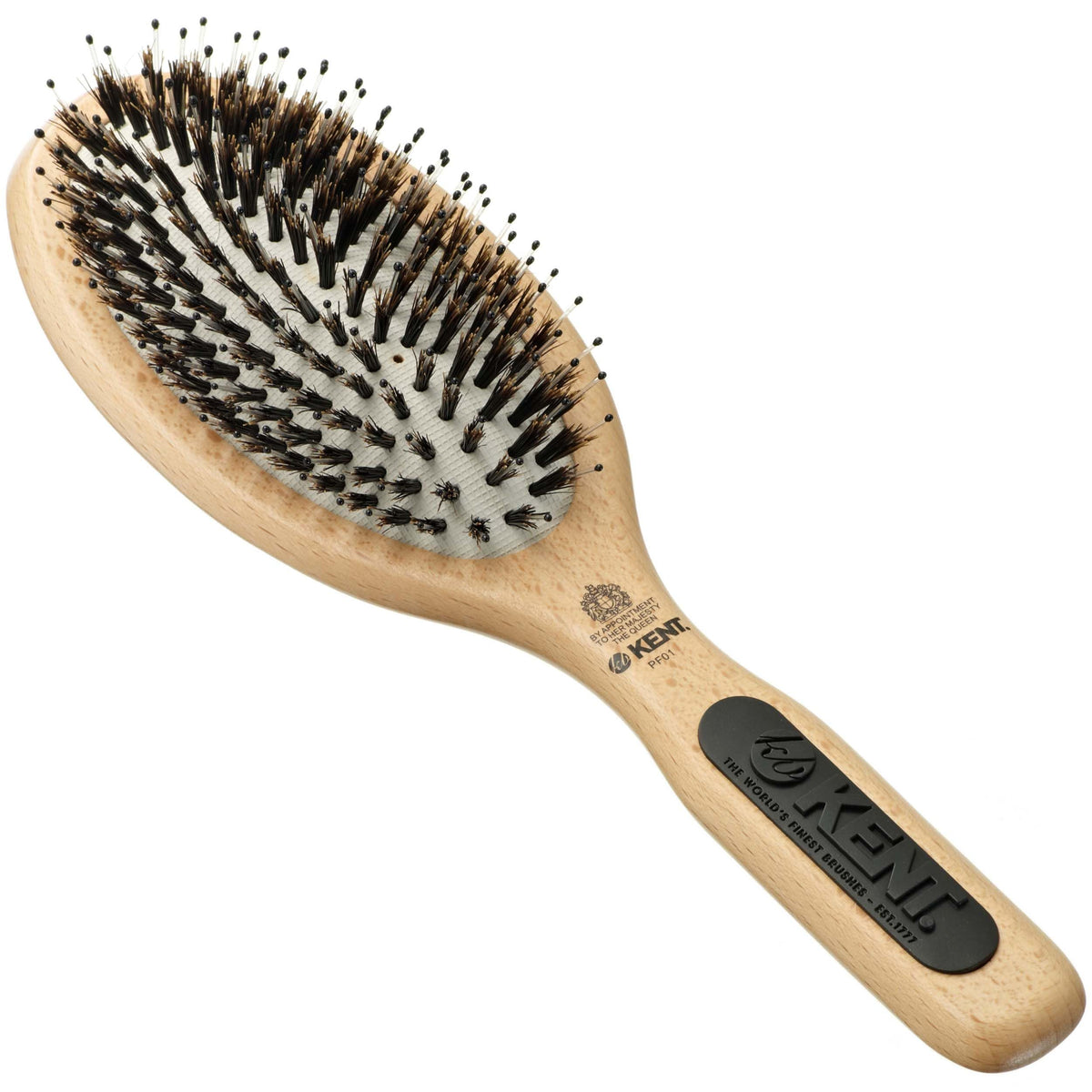 Kent PF01 Large Cushion Detangler Brush, Boar Bristle and Non-Scratch Nylon Mix Hairbrush for Straightening Smoothing. Oval Wood Paddle Detangling