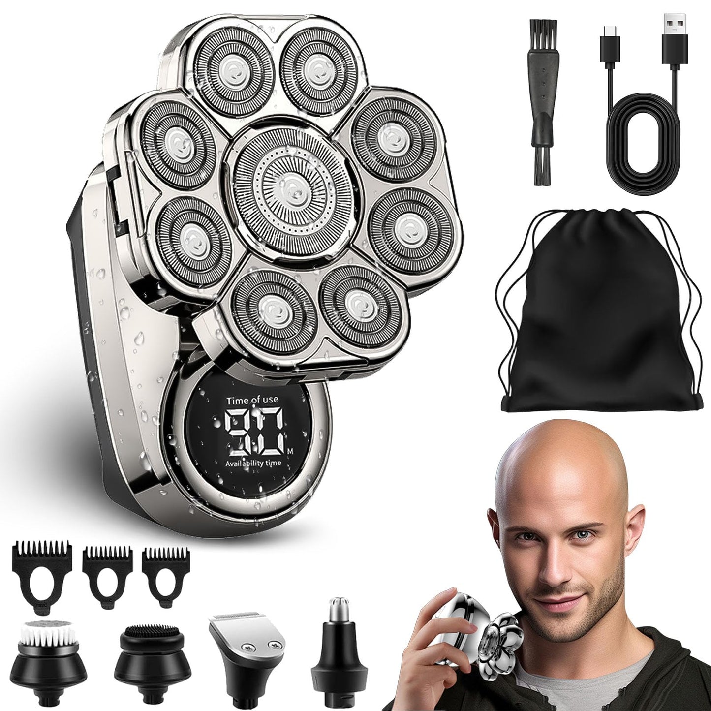 9.0 Ultra Shaver, Head Shavers for Bald Men, 6-in-1 Electric Razor - Led Display Rechargeable Head Shaving Kit with USB-C Fast Charge, IPX7 Waterproof Beauty and Personal Care tarcegta