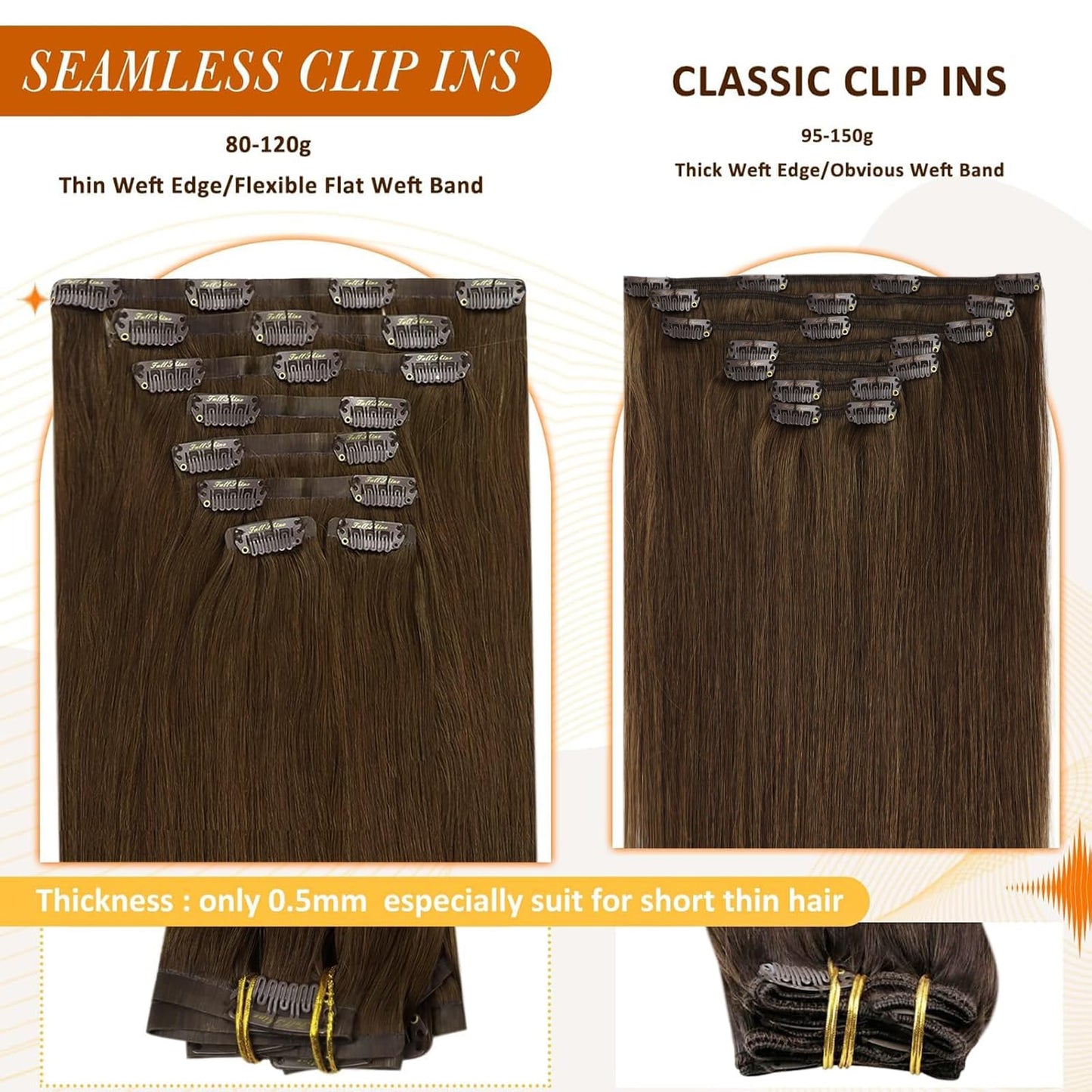 Full Shine Seamless Clip in Human Hair Extensions Medium Brown 140g 16 Inch Beauty and Personal Care Full Shine