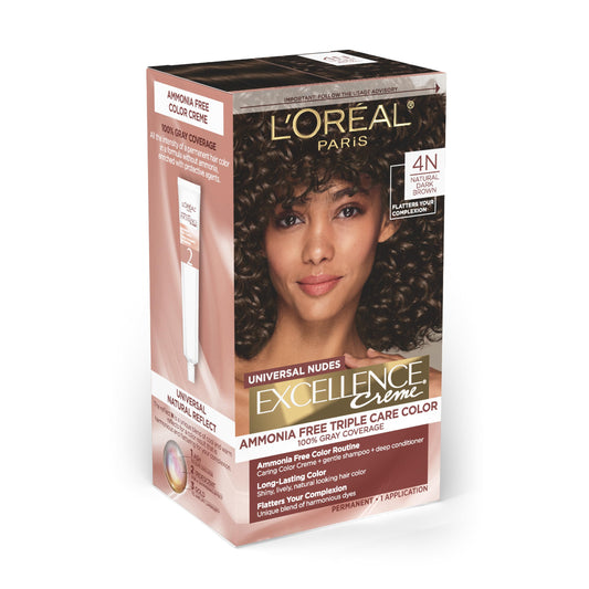 L’Oreal Paris Excellence Universal Nudes Permanent Hair Color, Ammonia Free Hair Dye for Gray Hair Coverage, 4N Natural Dark Brown, 1 Hair Dye Kit