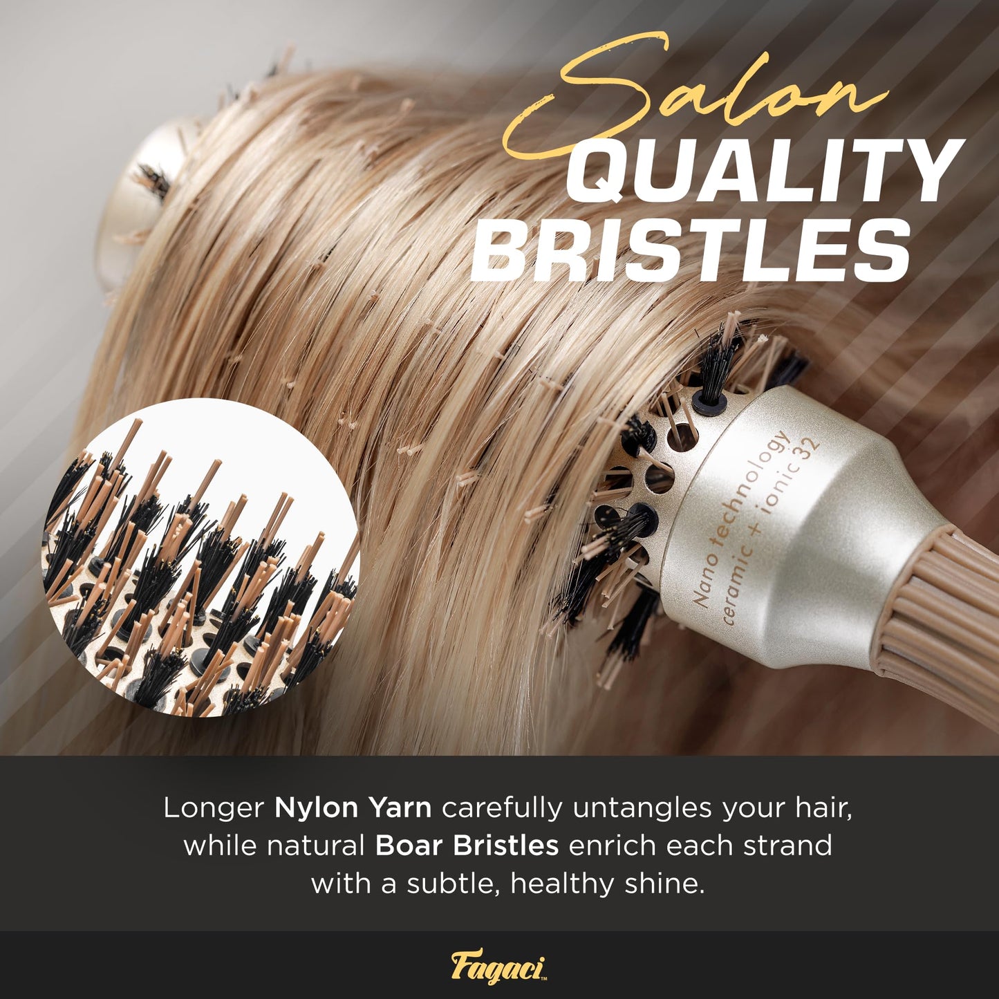 Fagaci Small Round Brush for Blow Drying with Natural Boar Bristle, Hair Styling, Drying, Healthy Hair and Add Volume, Ceramic Gold, Hair Brush + 4 Beauty & Personal Care Fagaci