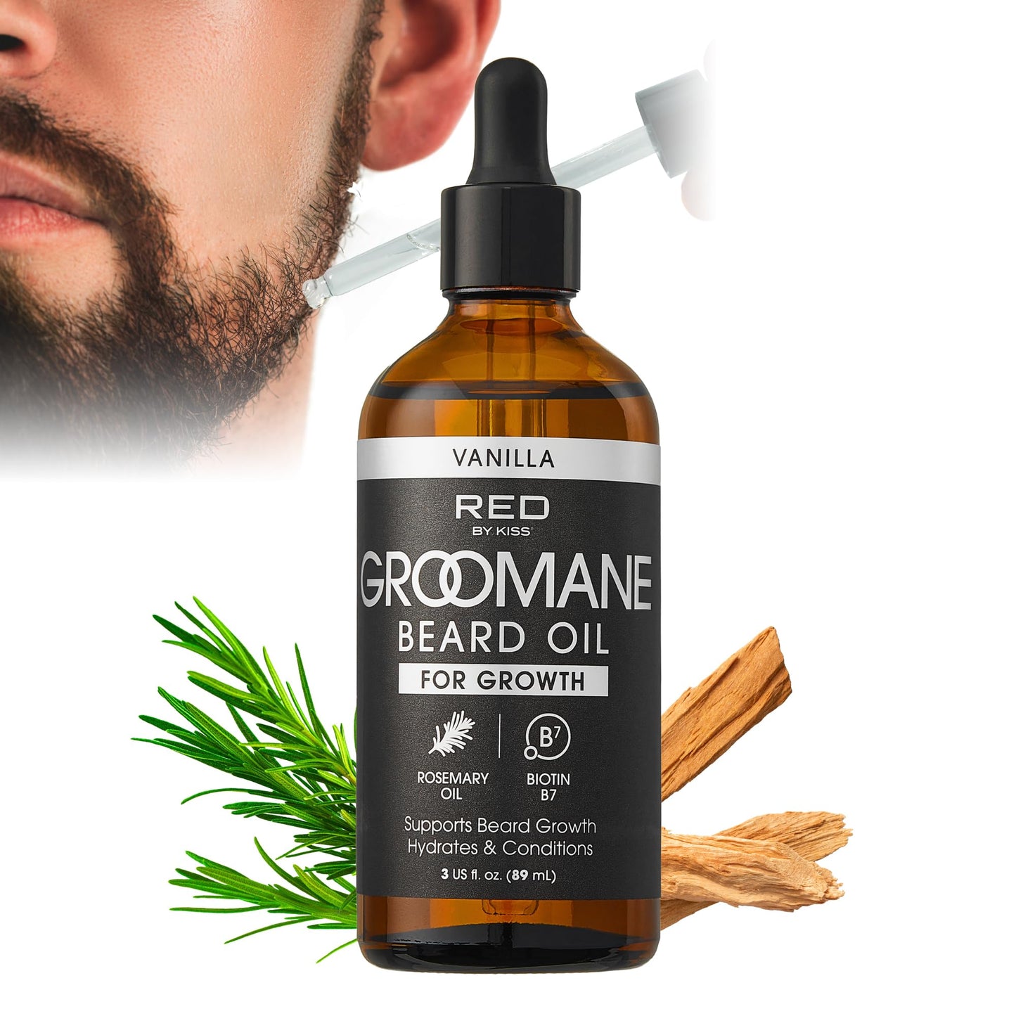 Red by Kiss Groomane Beard Oil, Rosemary Oil & Biotin, Promotes Full, Healthy Look Beard Strengthen Facial Hair, Reduces Breakage (3 fl.oz, Vanilla) Beauty and Personal Care Red by Kiss