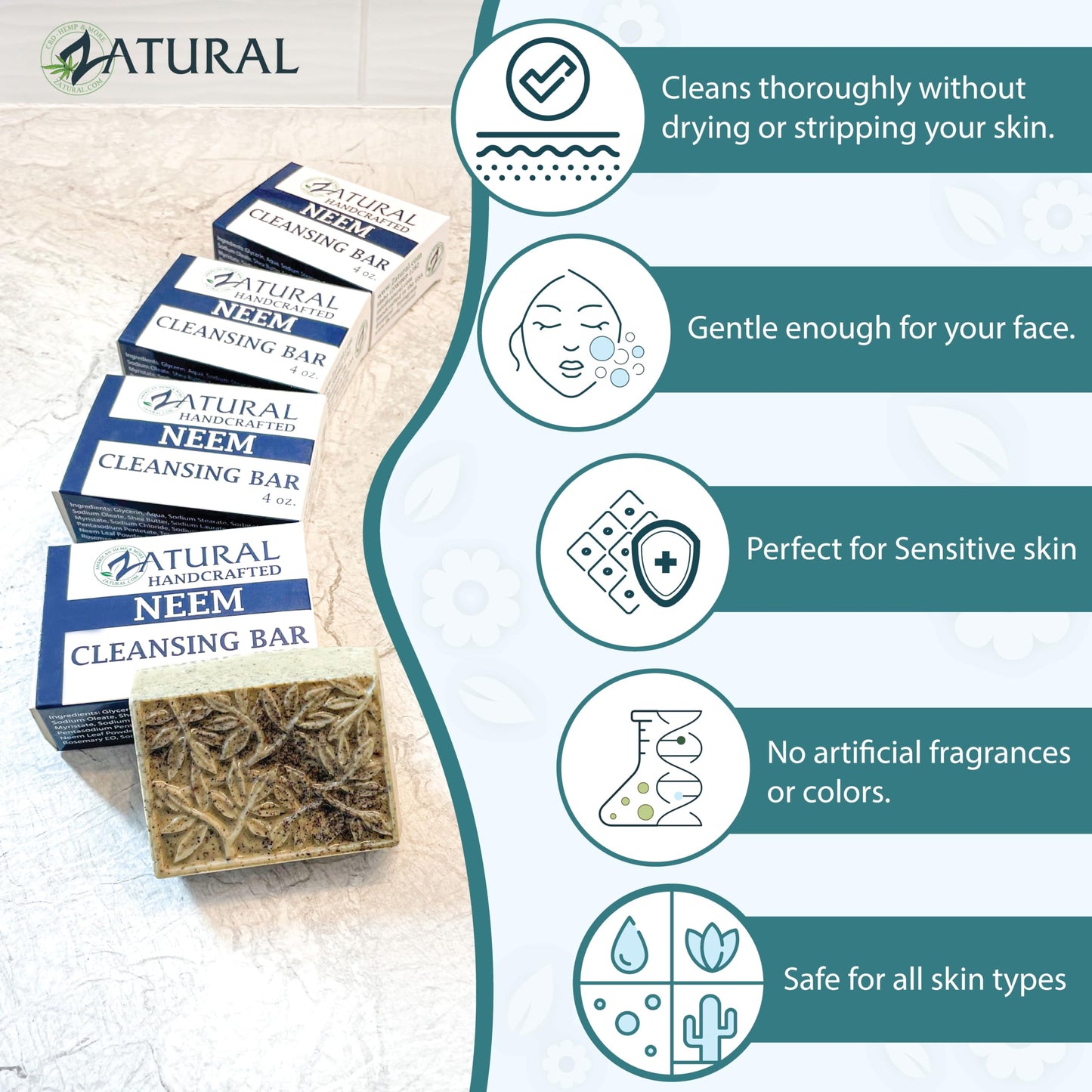 Zatural Neem Cleansing Bar - 100% Plant-Based Neem Oil Soap for Face and Body - Cold-Pressed, Vegan, and Fragrance-Free - Natural Skin Support - 4 oz Beauty & Personal Care Zatural