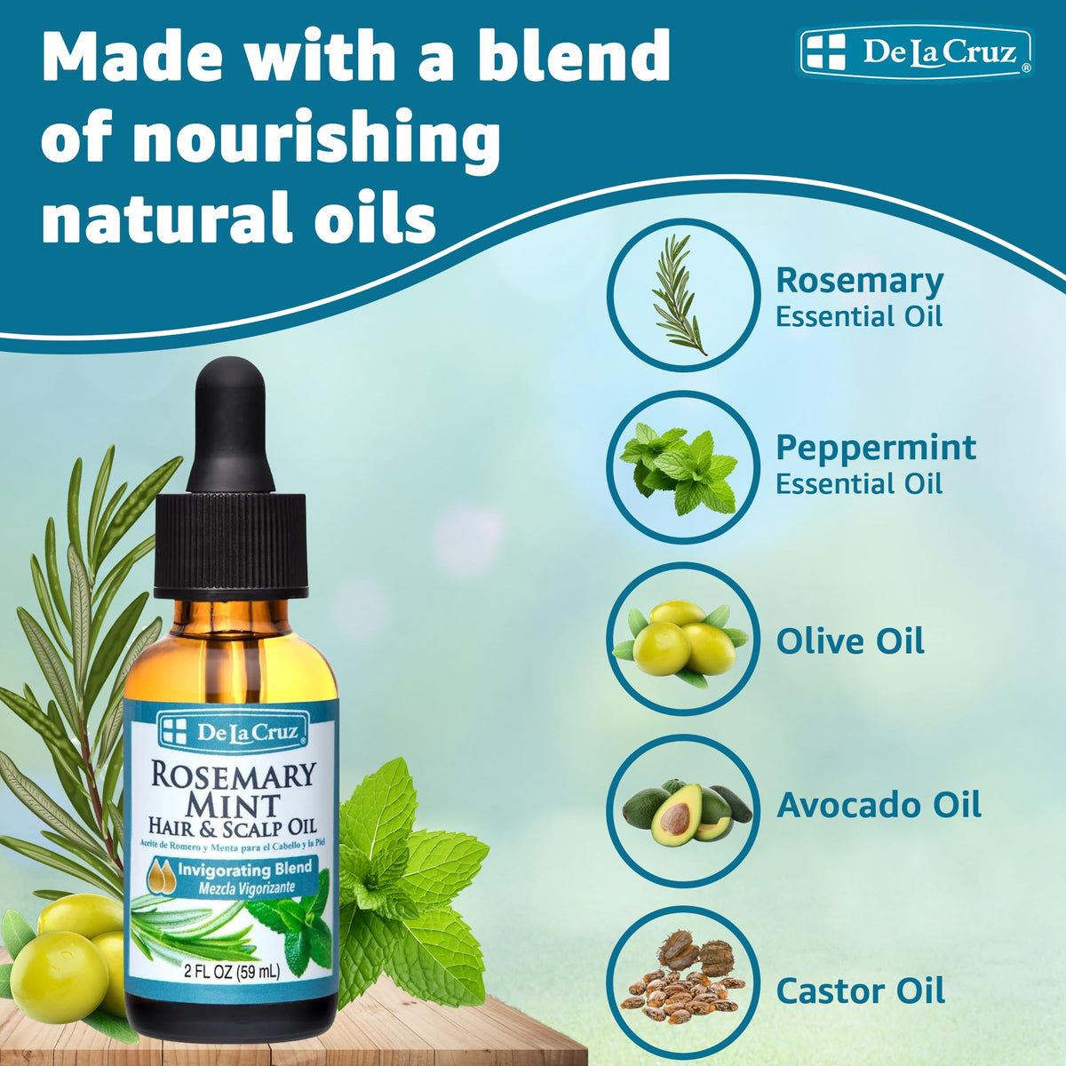 De La Cruz Rosemary Mint Hair & Scalp Oil with Castor & Avocado Oil 2 FL OZ