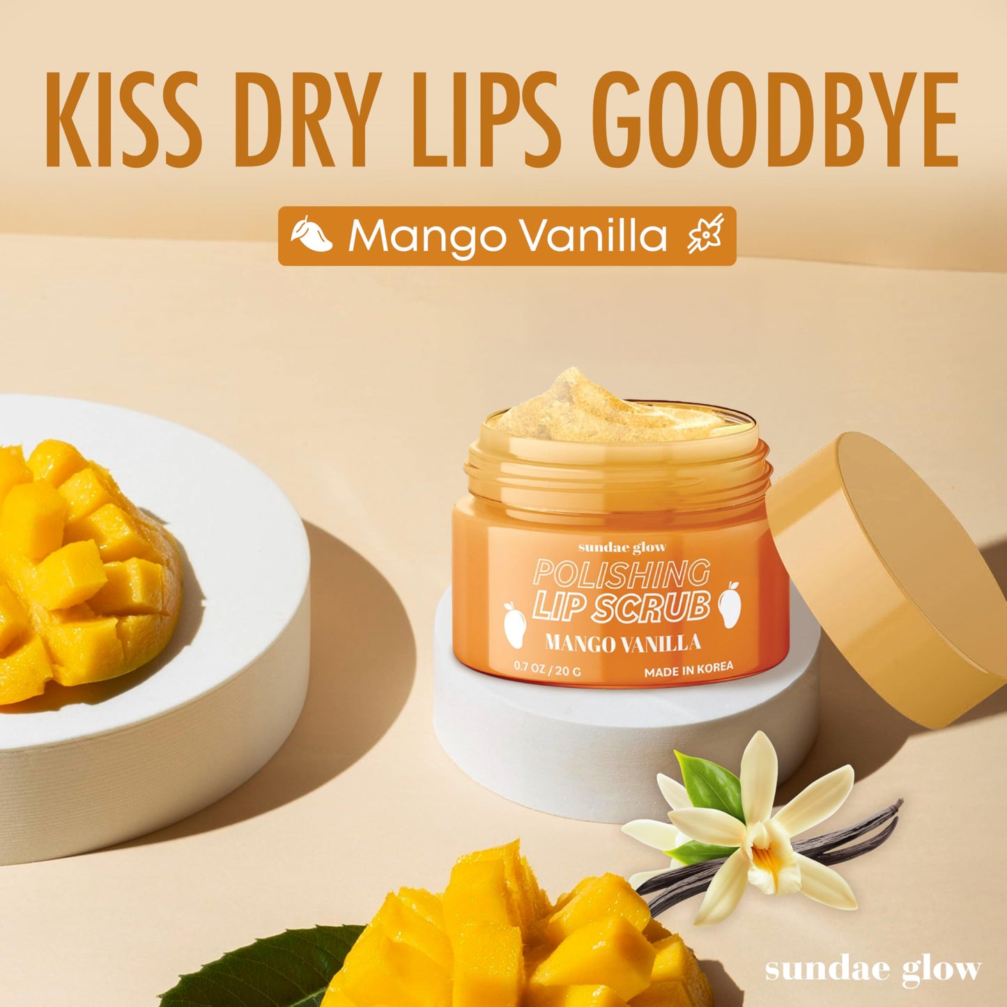 Sundae Glow Lip Scrub with Mango Vanilla - Exfoliates, Hydrates & Repairs - Smooths, Softens & Revitalizes Dry Lips - Dermatologist Tested, Korean Beauty & Personal Care Sundae Glow